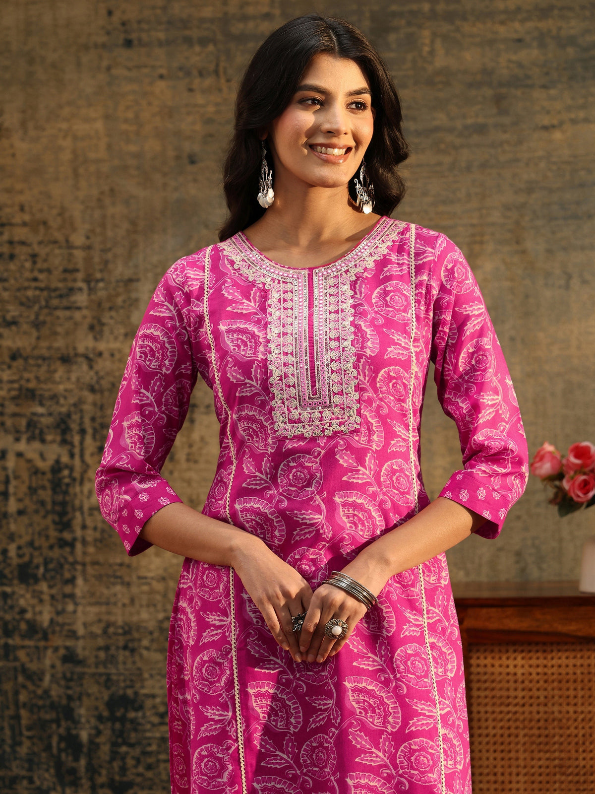Anouk Magenta Floral Printed Cotton Straight Suit Set