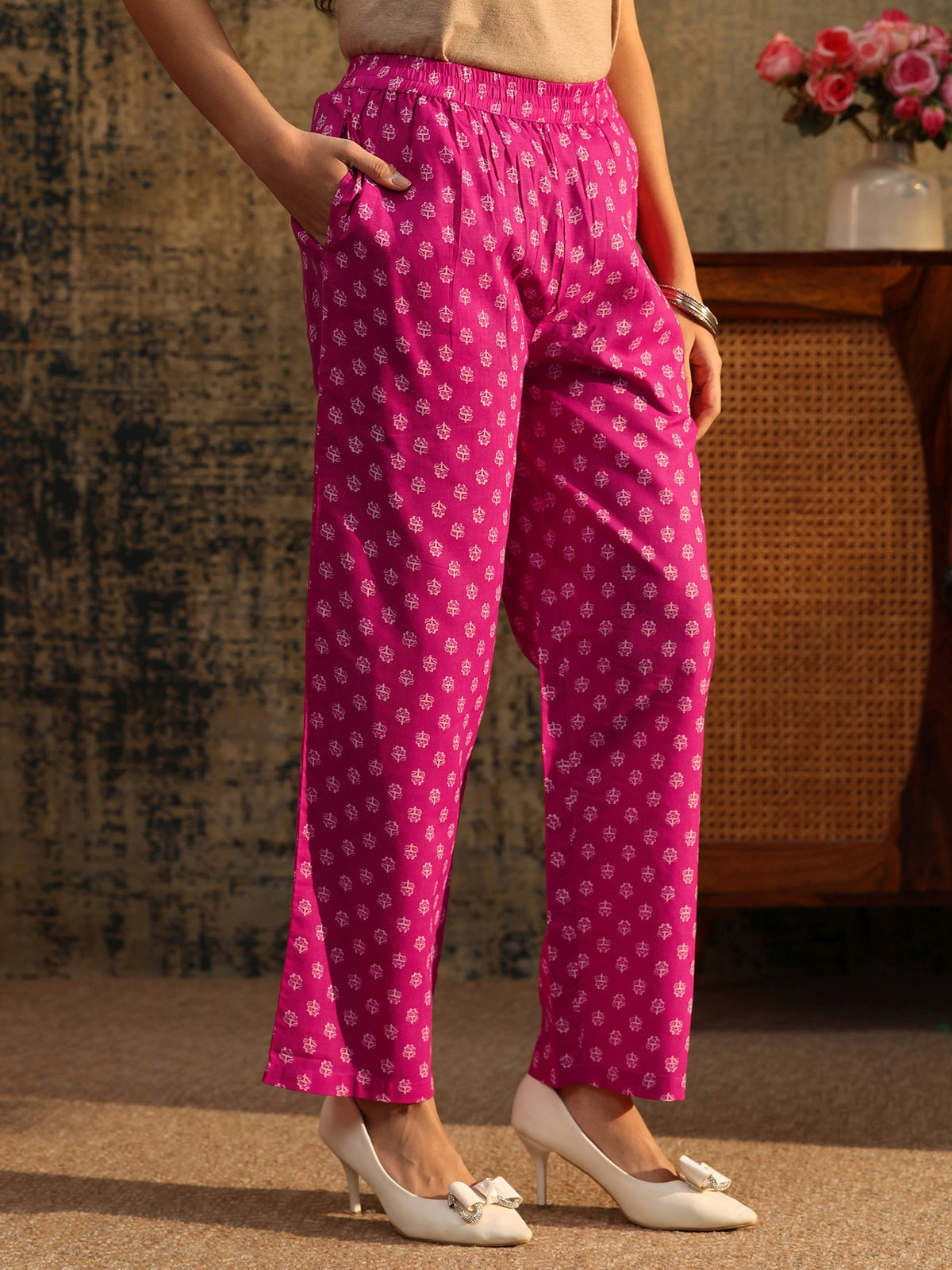 Anouk Magenta Floral Printed Cotton Straight Suit Set