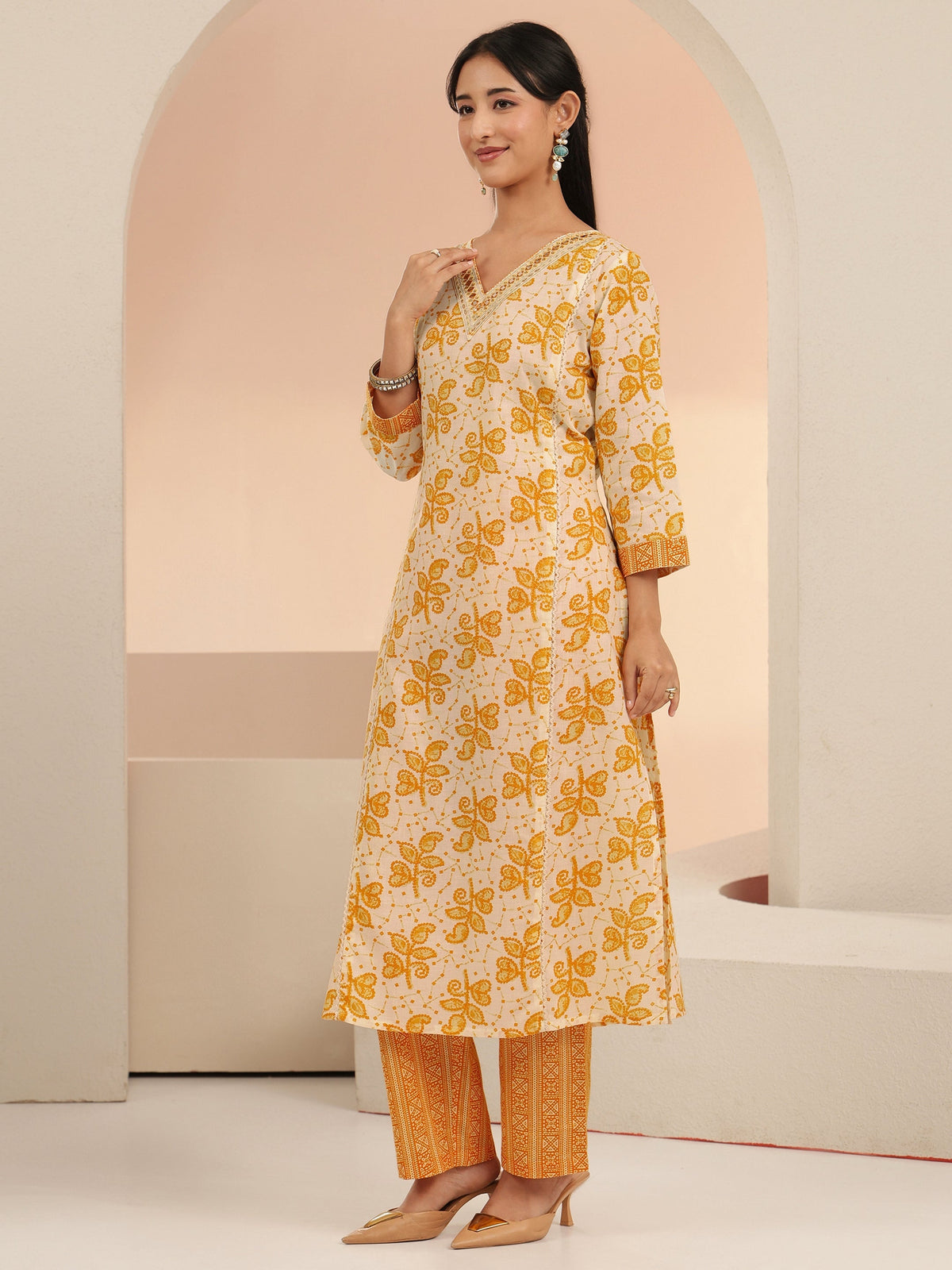 Anouk Off White Floral Printed Cotton Straight Suit Set