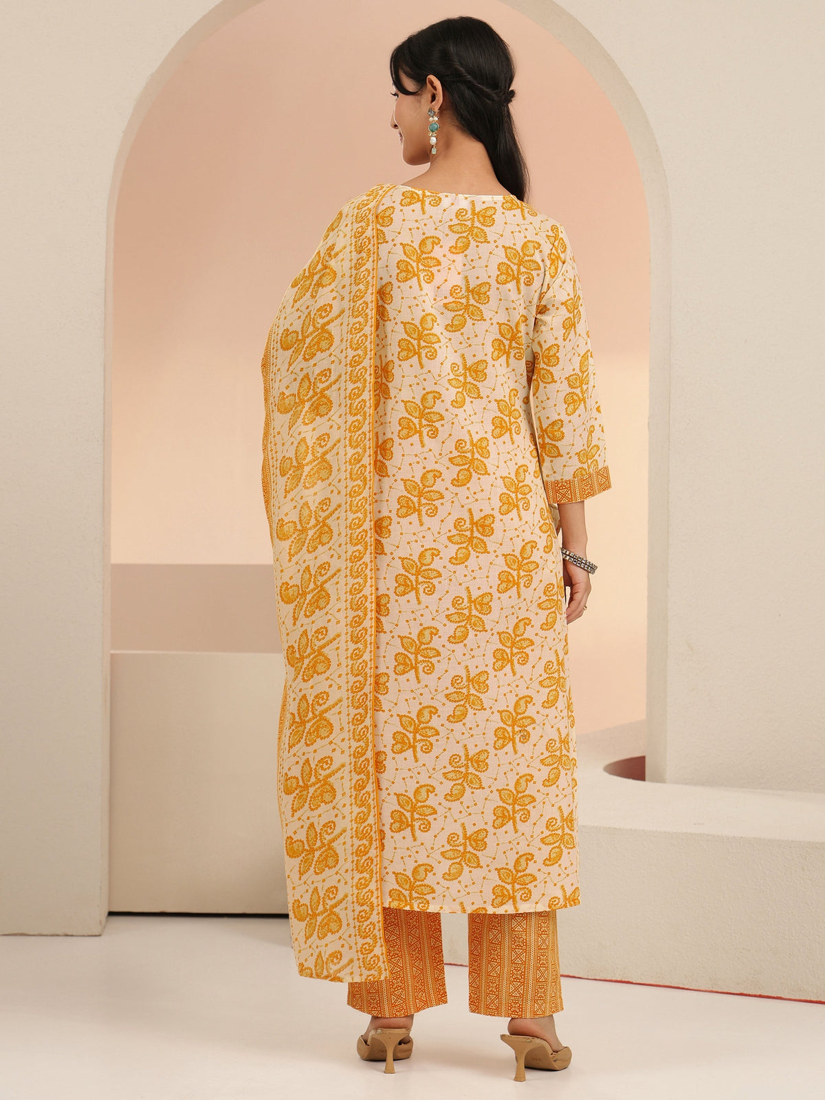 Anouk Off White Floral Printed Cotton Straight Suit Set