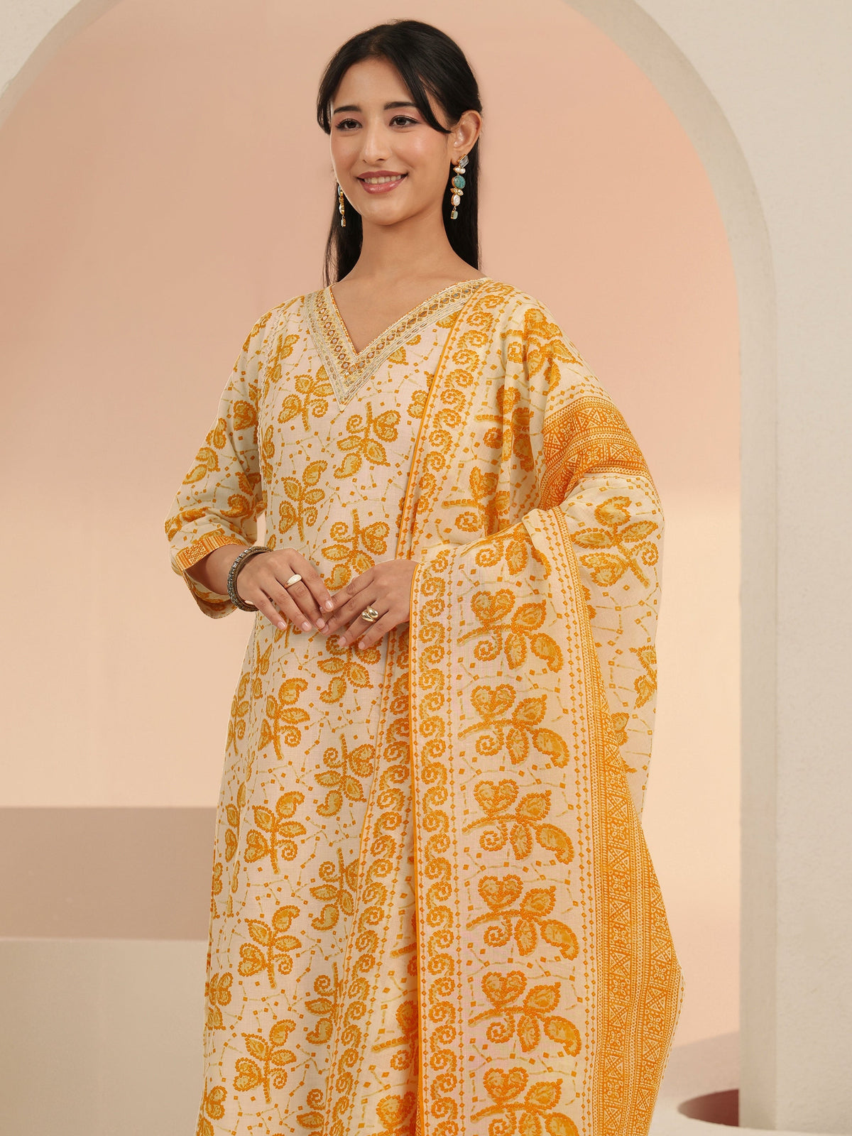 Anouk Off White Floral Printed Cotton Straight Suit Set