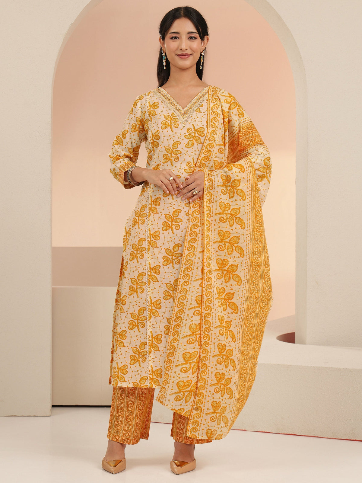 Anouk Off White Floral Printed Cotton Straight Suit Set