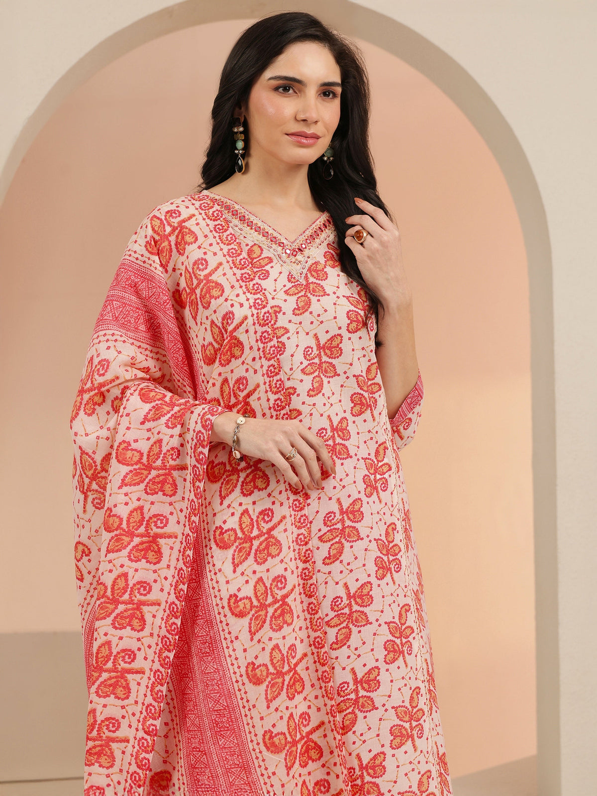 Anouk Off White Floral Printed Cotton Straight Suit Set