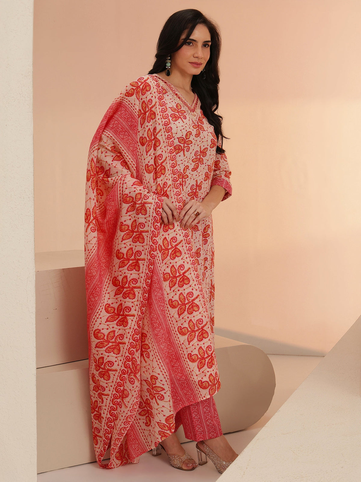 Anouk Off White Floral Printed Cotton Straight Suit Set