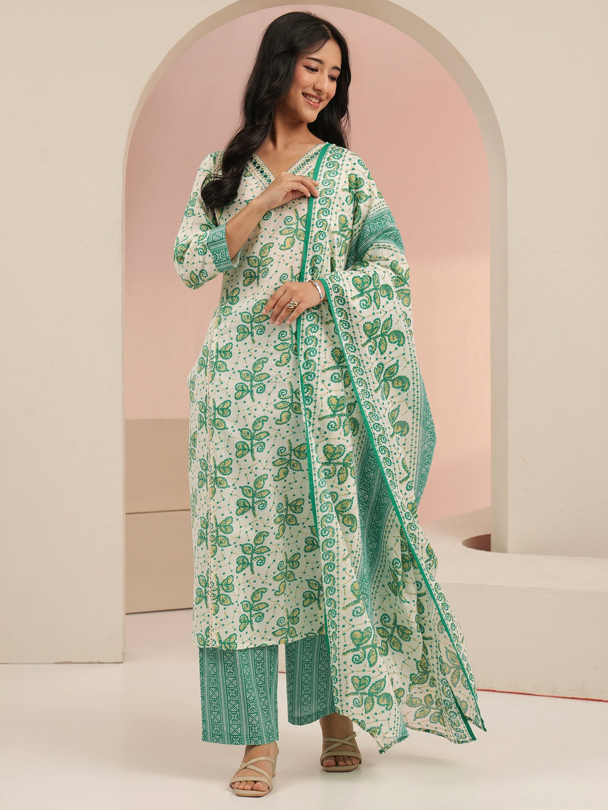 Anouk Off White Floral Printed Cotton Straight Suit Set