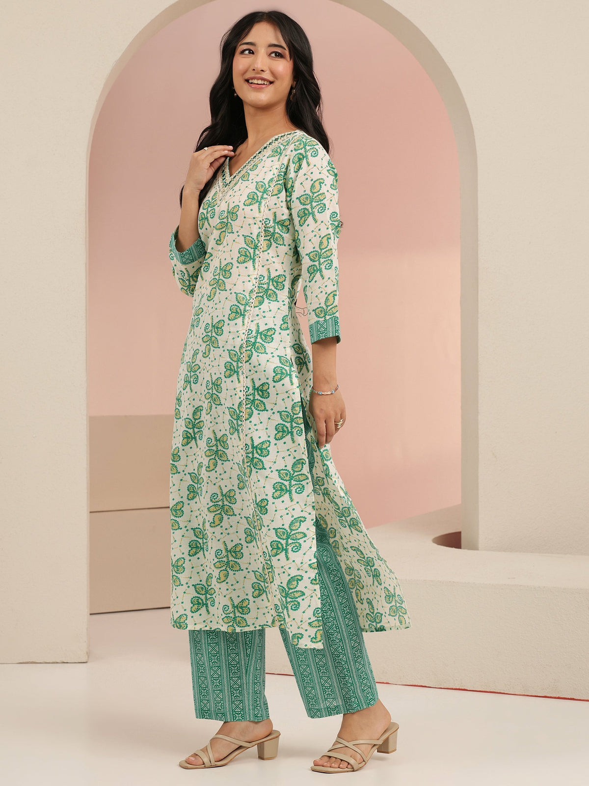 Anouk Off White Floral Printed Cotton Straight Suit Set