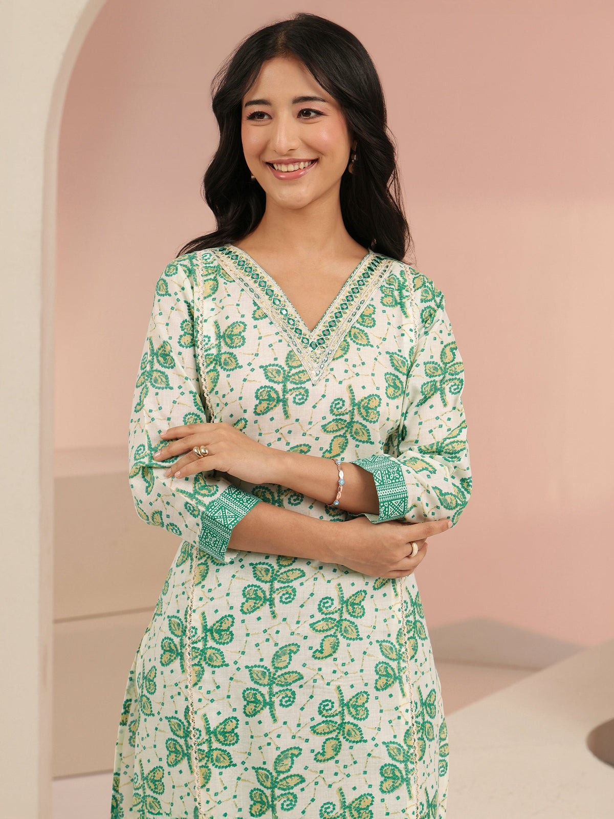 Anouk Off White Floral Printed Cotton Straight Suit Set