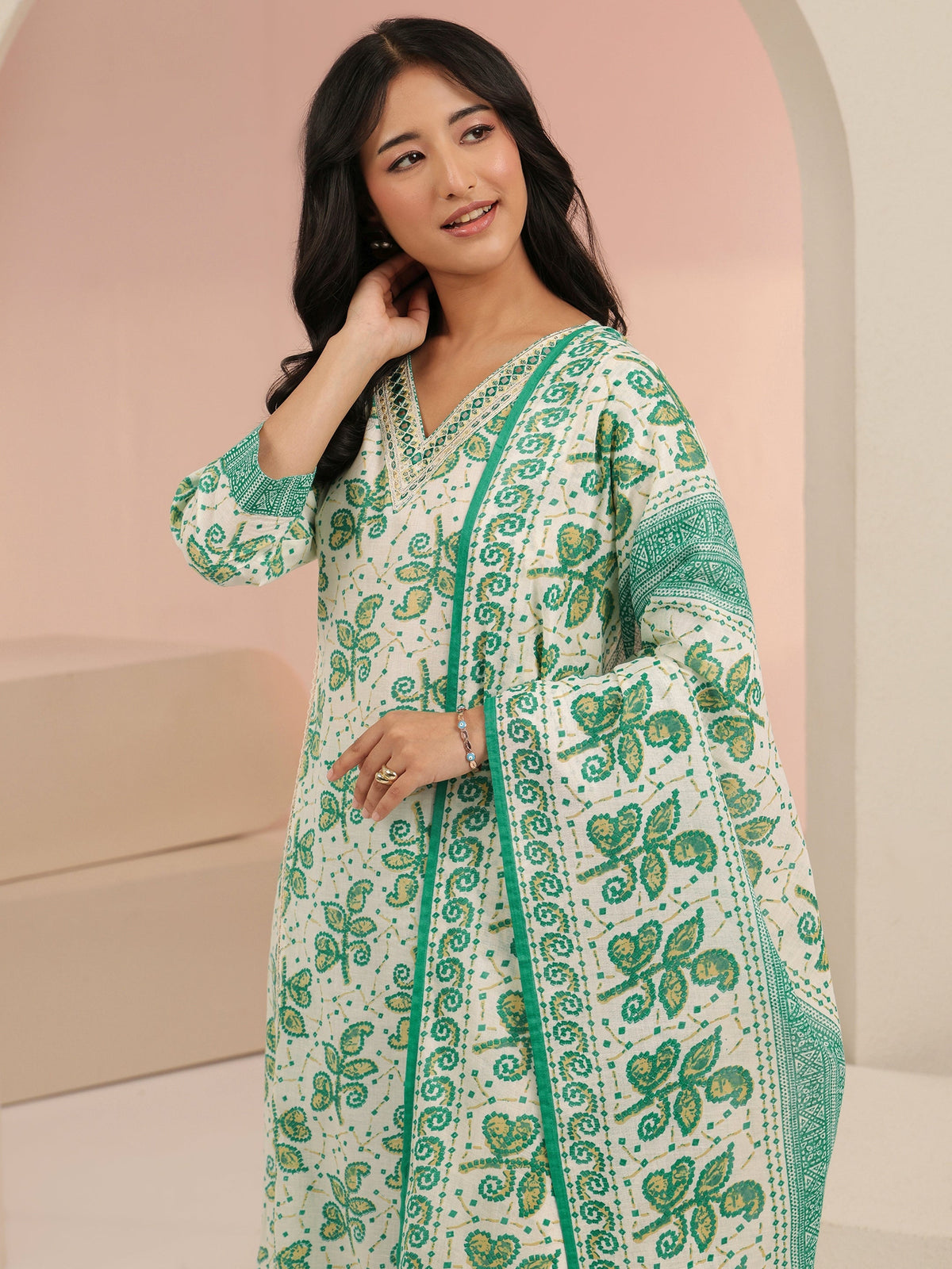 Anouk Off White Floral Printed Cotton Straight Suit Set