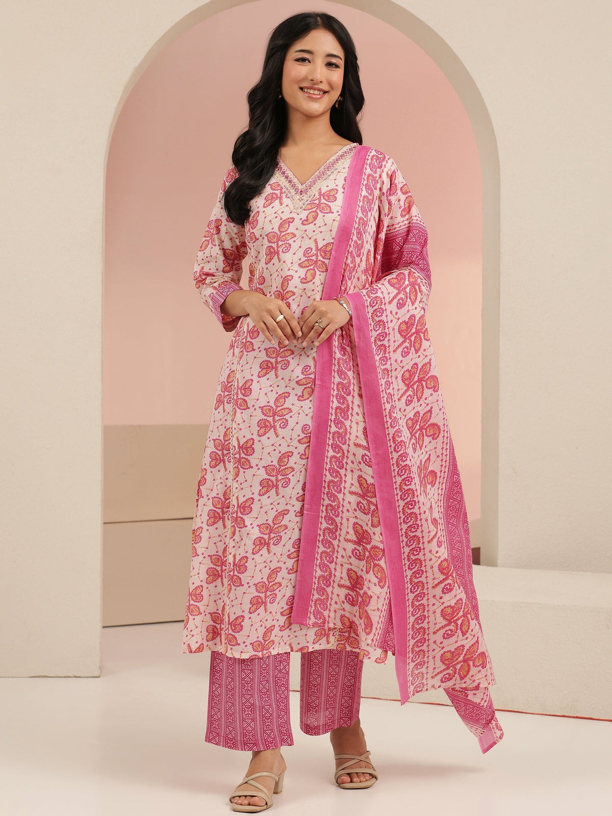 Anouk Off White Floral Printed Cotton Straight Suit Set