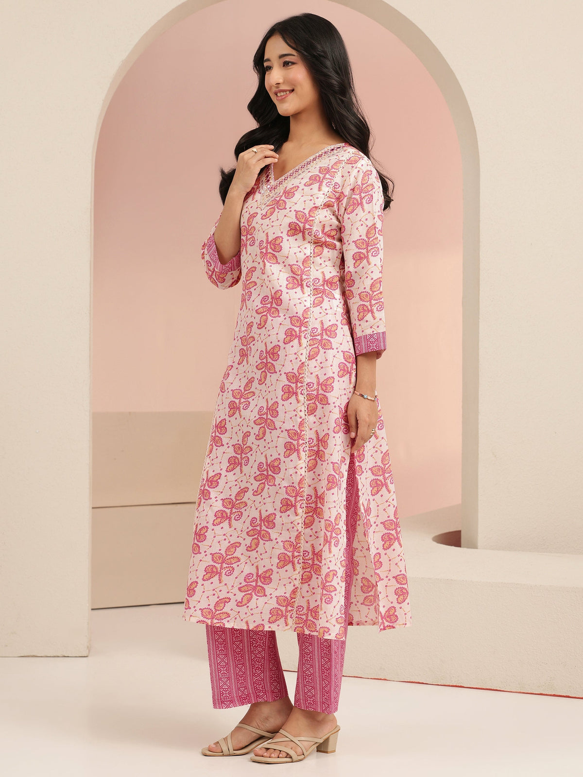 Anouk Off White Floral Printed Cotton Straight Suit Set