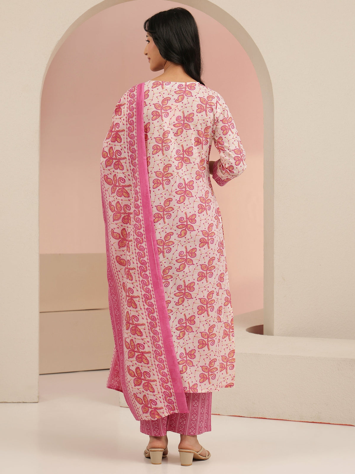 Anouk Off White Floral Printed Cotton Straight Suit Set