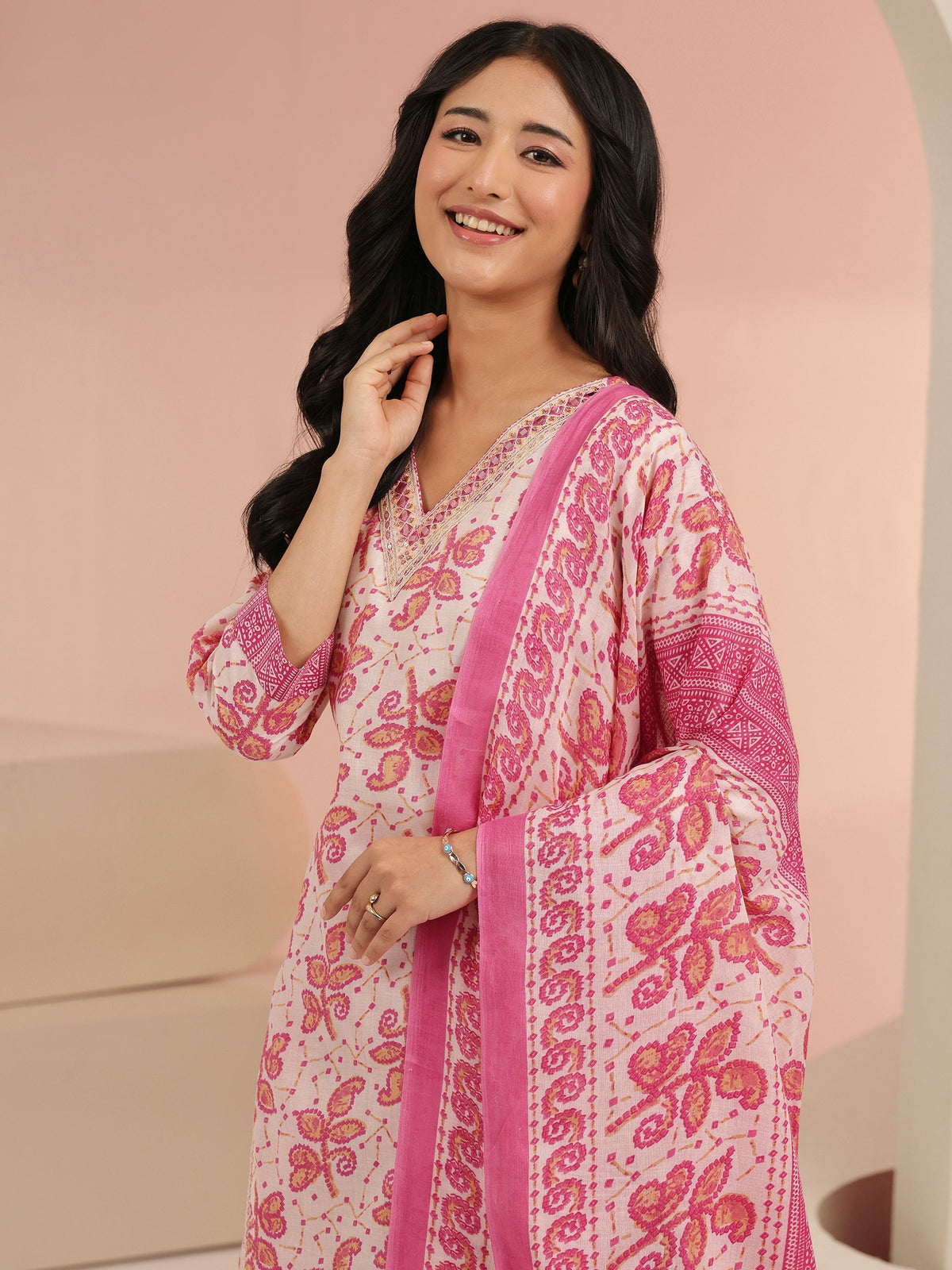 Anouk Off White Floral Printed Cotton Straight Suit Set