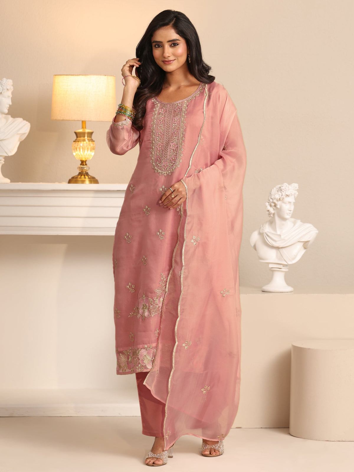 Anouk Soft Pink Floral Embroidered Organza Straight Suit Set
