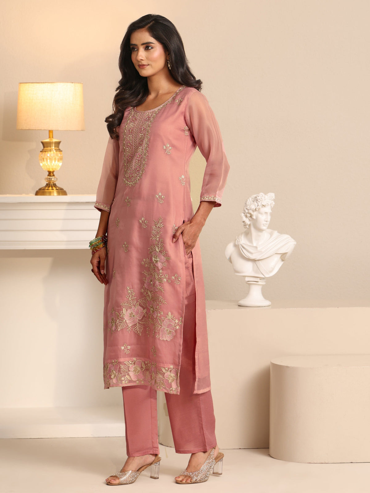 Anouk Soft Pink Floral Embroidered Organza Straight Suit Set