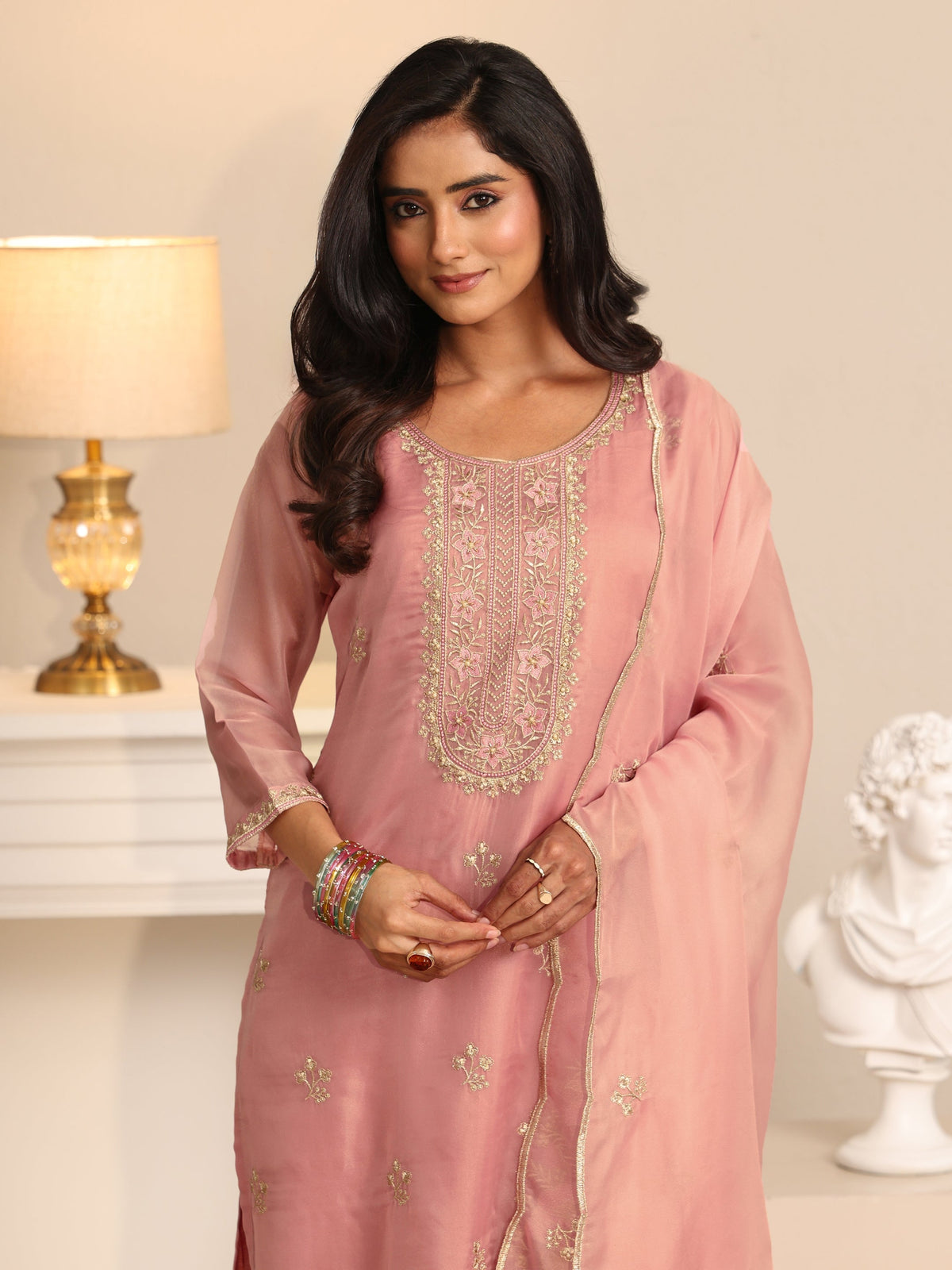 Anouk Soft Pink Floral Embroidered Organza Straight Suit Set