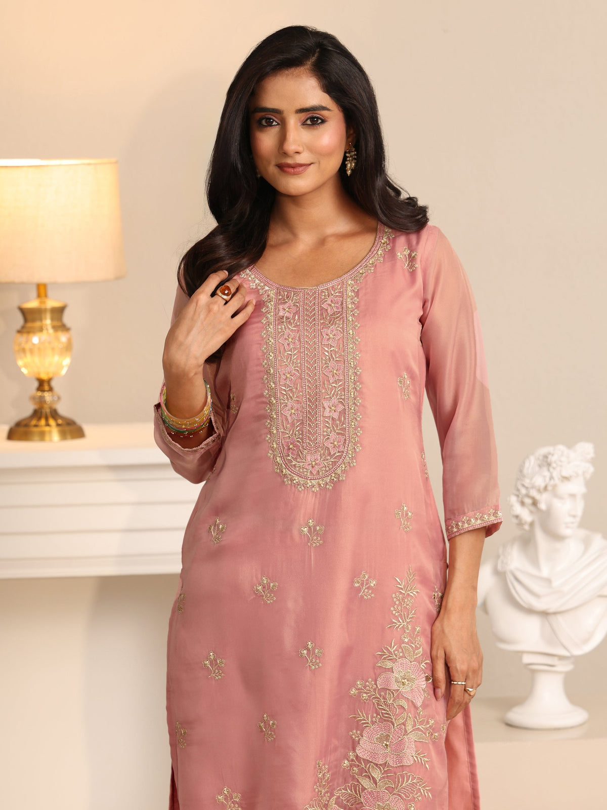 Anouk Soft Pink Floral Embroidered Organza Straight Suit Set