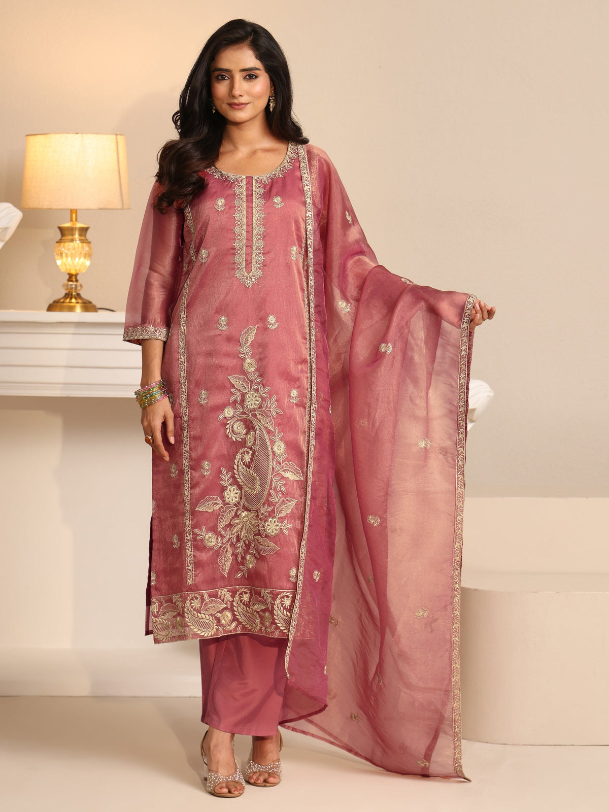 Anouk Dusty Rose Pink Paisley Embroidered Tissue Straight Suit Set