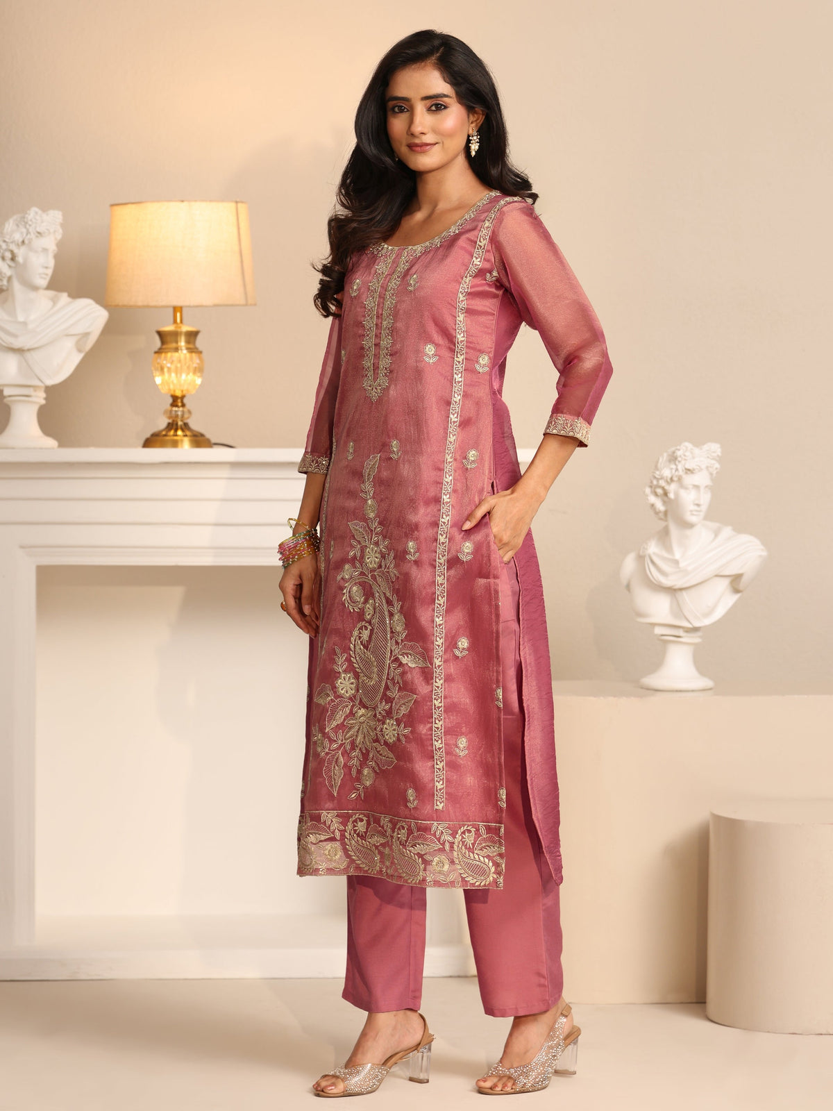 Anouk Dusty Rose Pink Paisley Embroidered Tissue Straight Suit Set