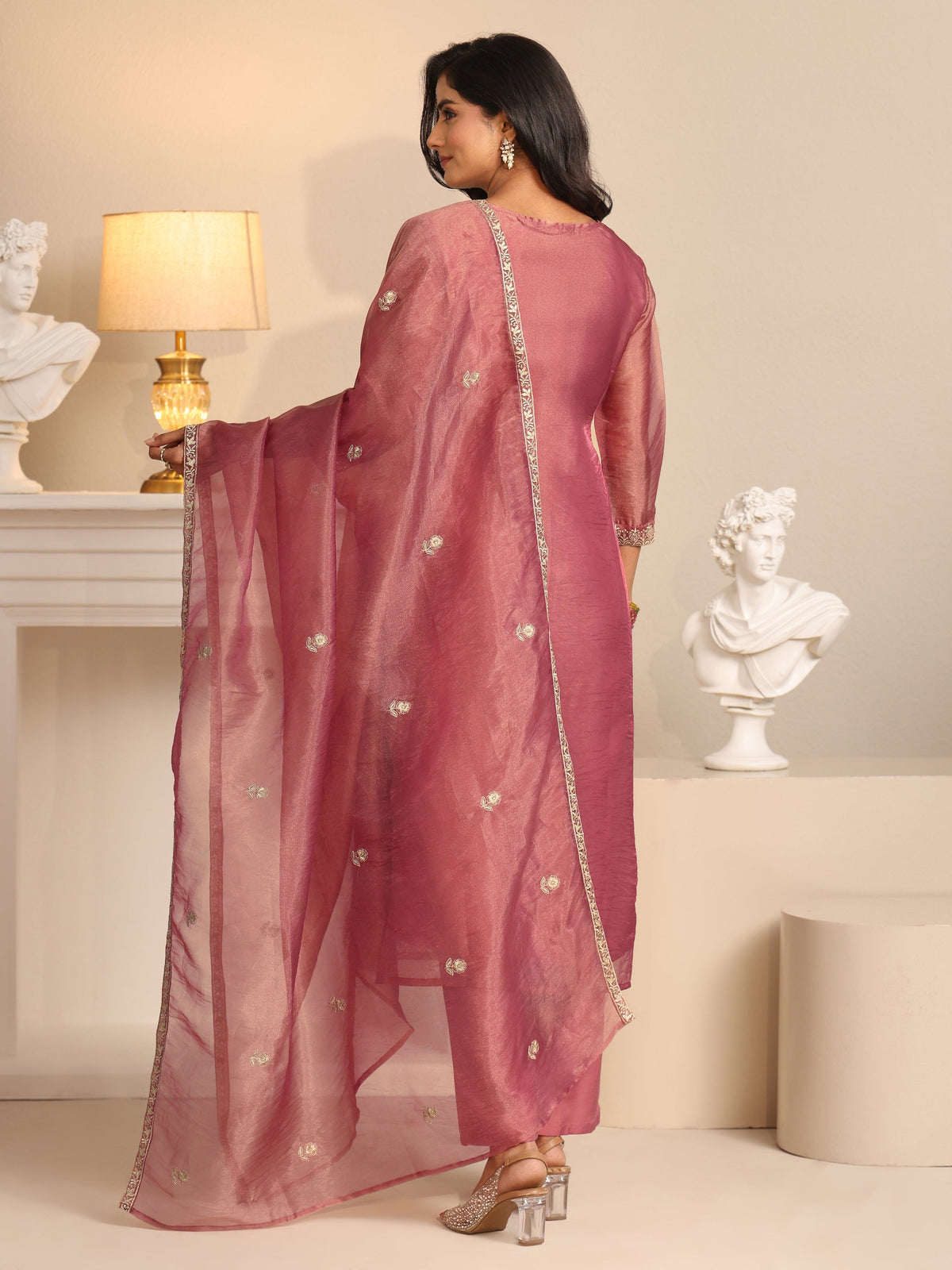 Anouk Dusty Rose Pink Paisley Embroidered Tissue Straight Suit Set