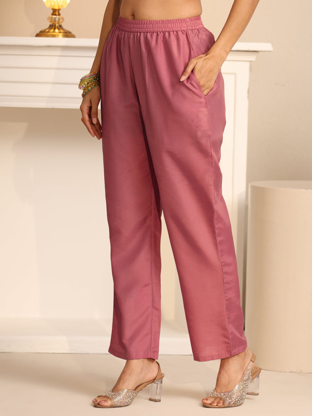 Anouk Dusty Rose Pink Paisley Embroidered Tissue Straight Suit Set
