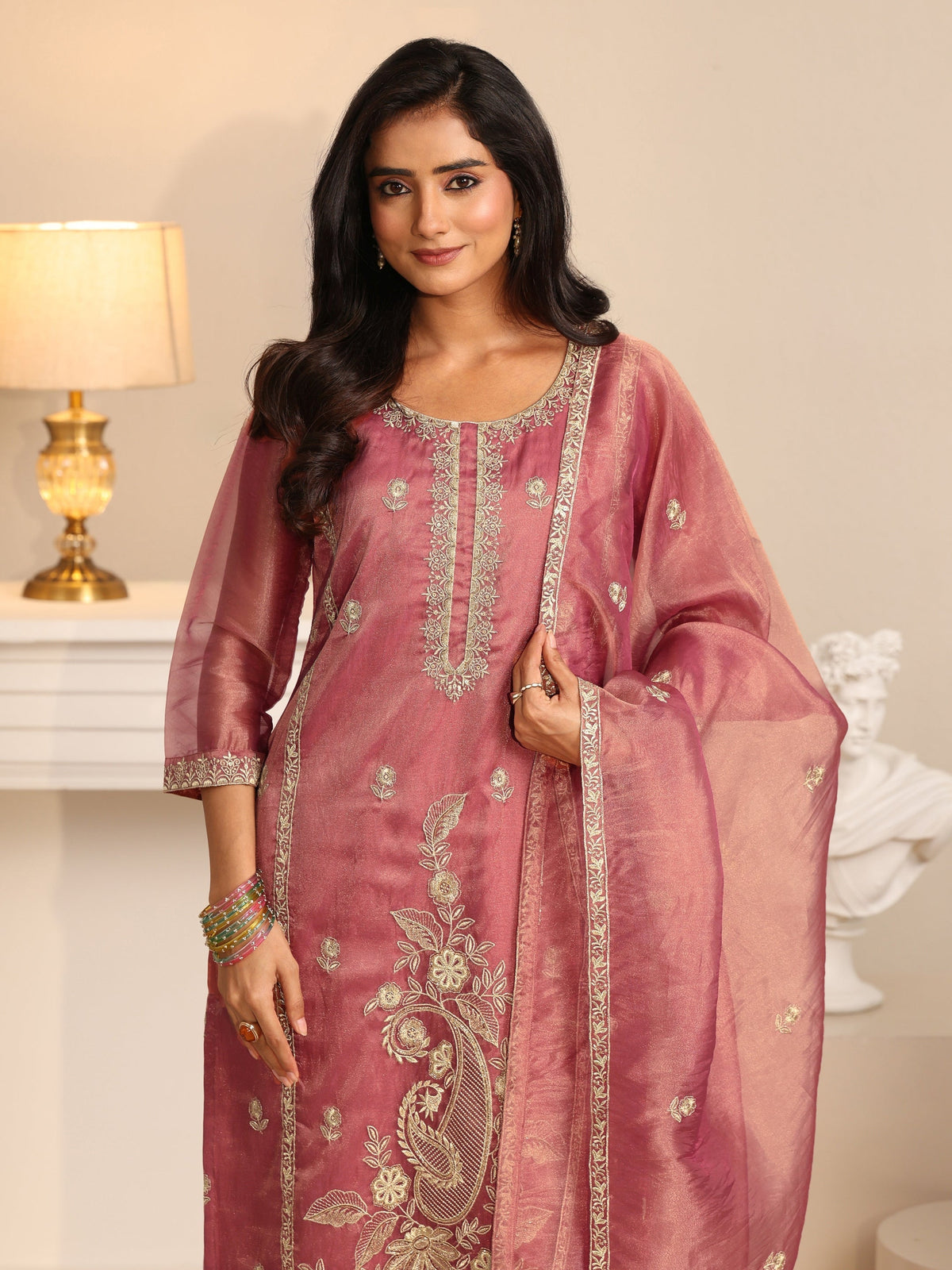 Anouk Dusty Rose Pink Paisley Embroidered Tissue Straight Suit Set