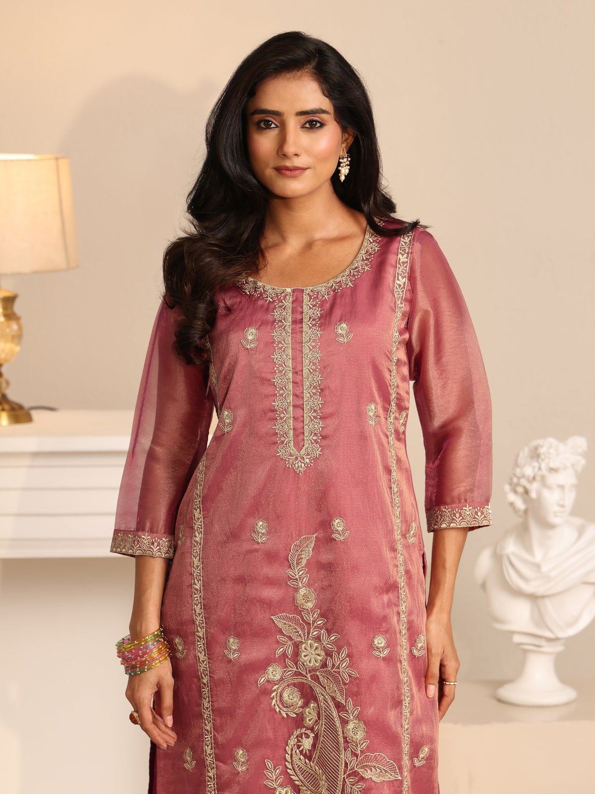 Anouk Dusty Rose Pink Paisley Embroidered Tissue Straight Suit Set