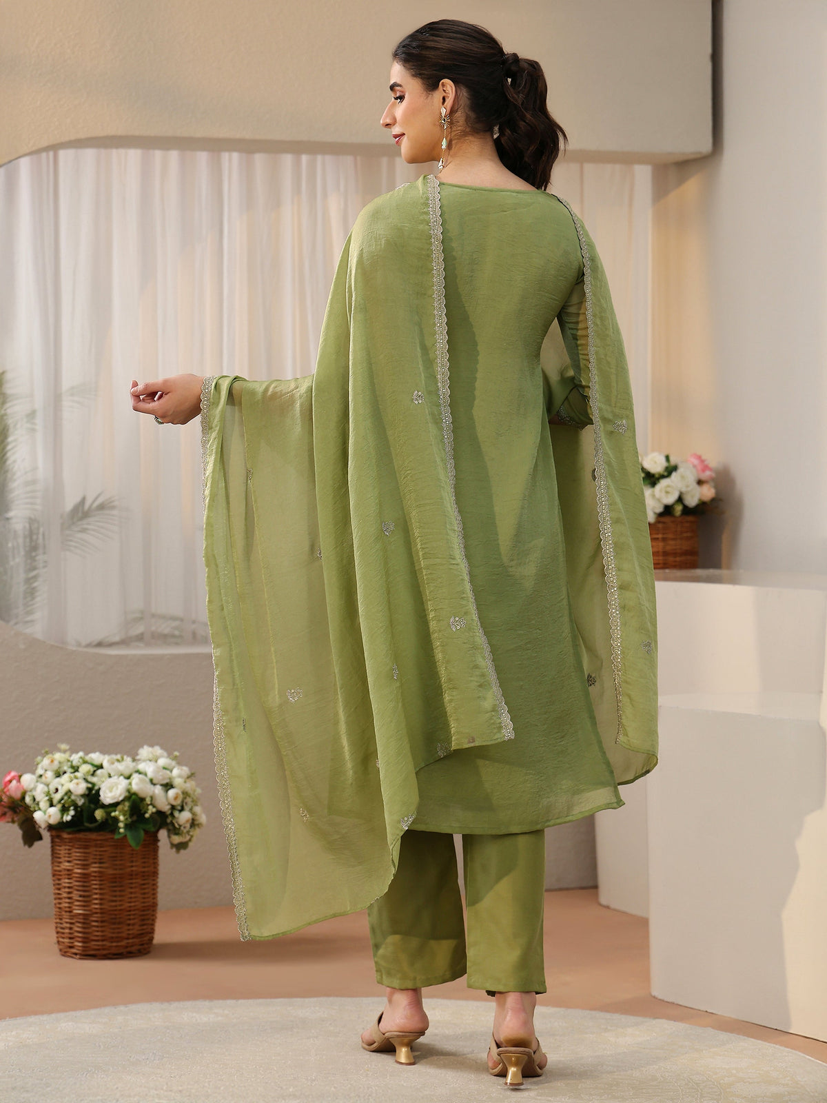 Anouk Moss Green Floral Embroidered Tissue Straight Suit Set