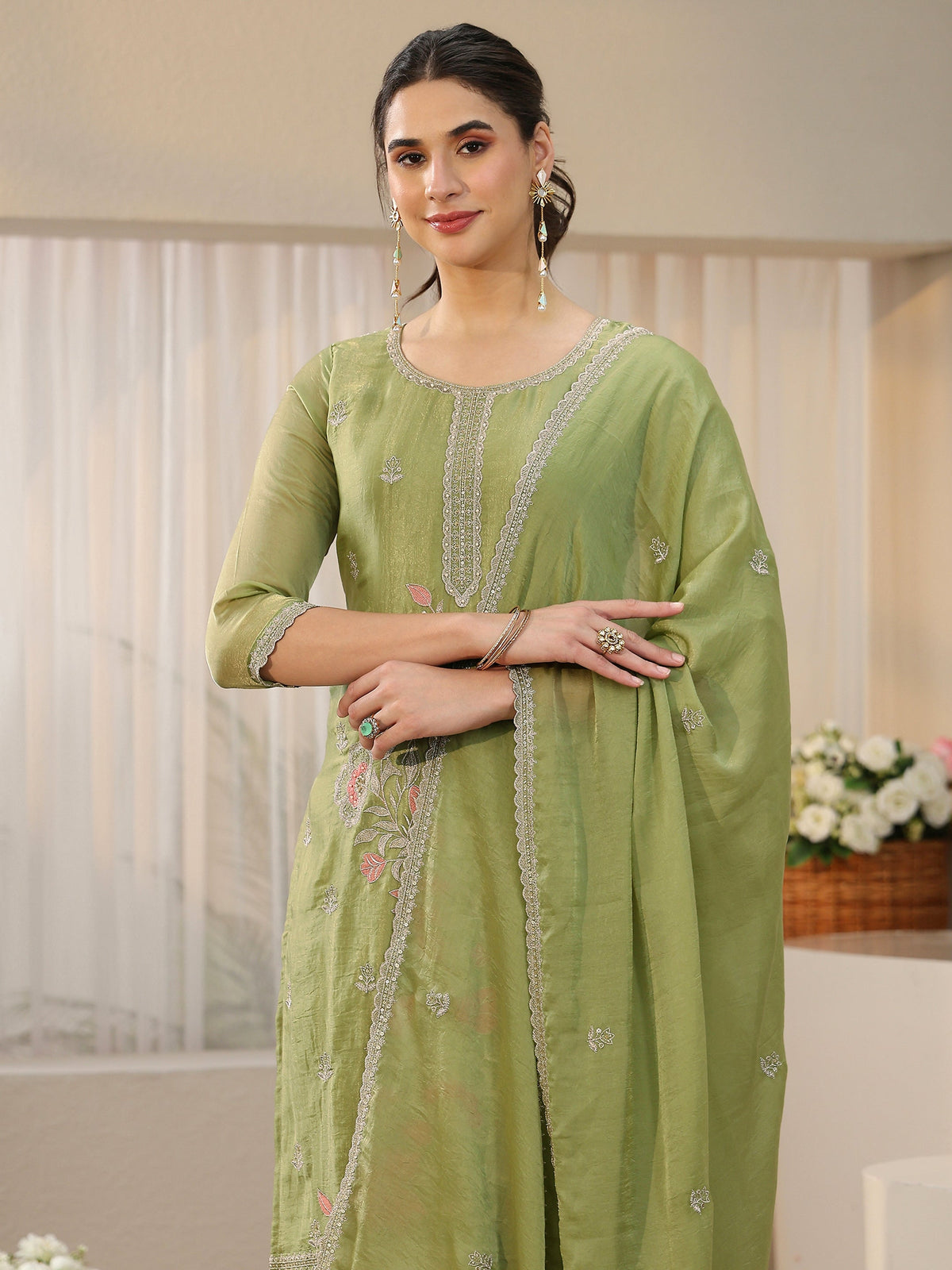 Anouk Moss Green Floral Embroidered Tissue Straight Suit Set