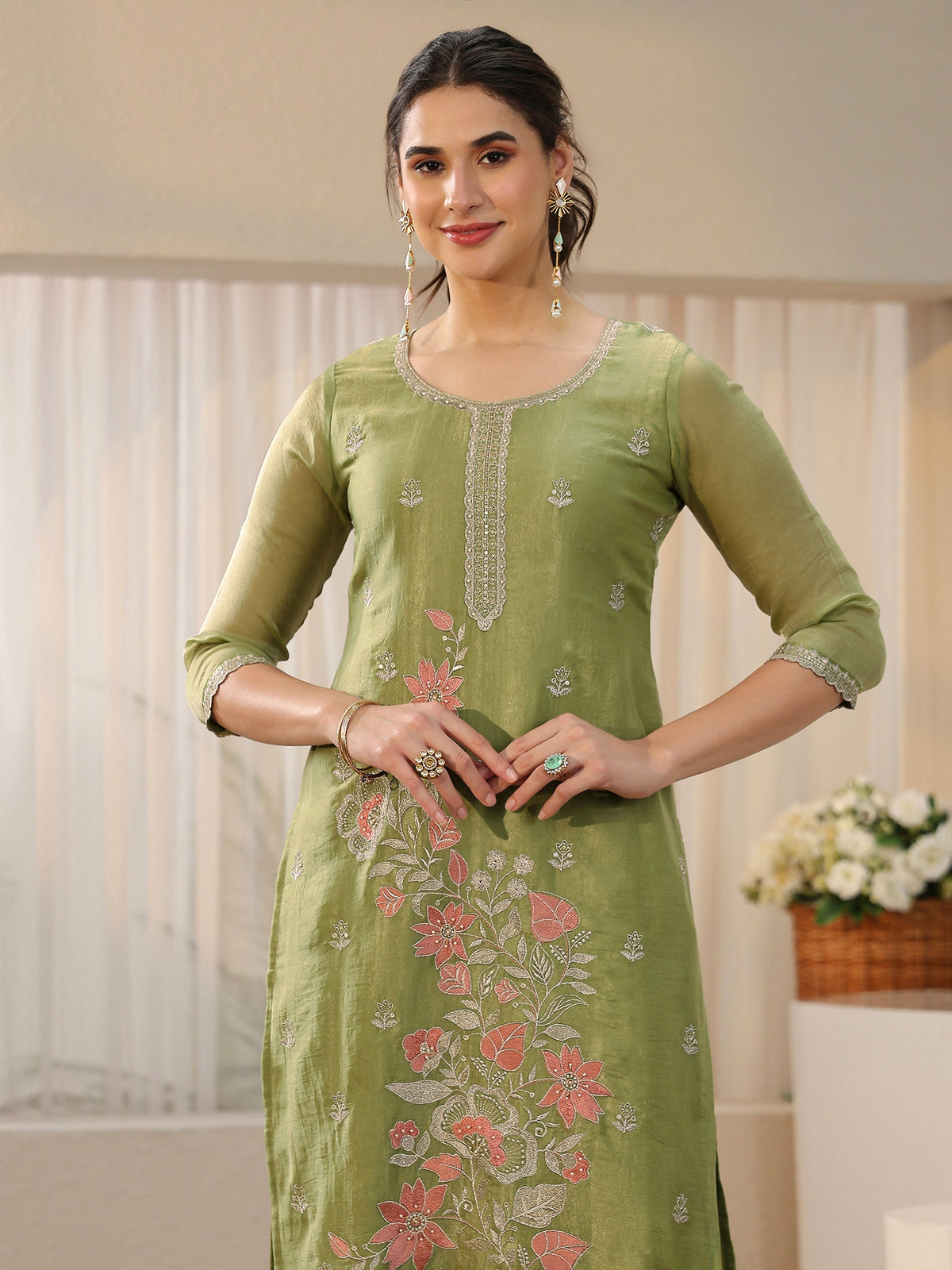 Anouk Moss Green Floral Embroidered Tissue Straight Suit Set