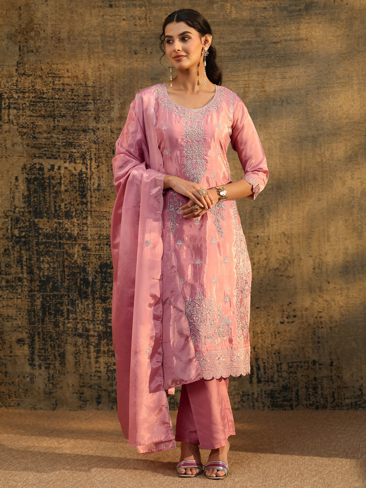 Anouk Dusty Rose Floral Embroidered Organza Straight Suit Set