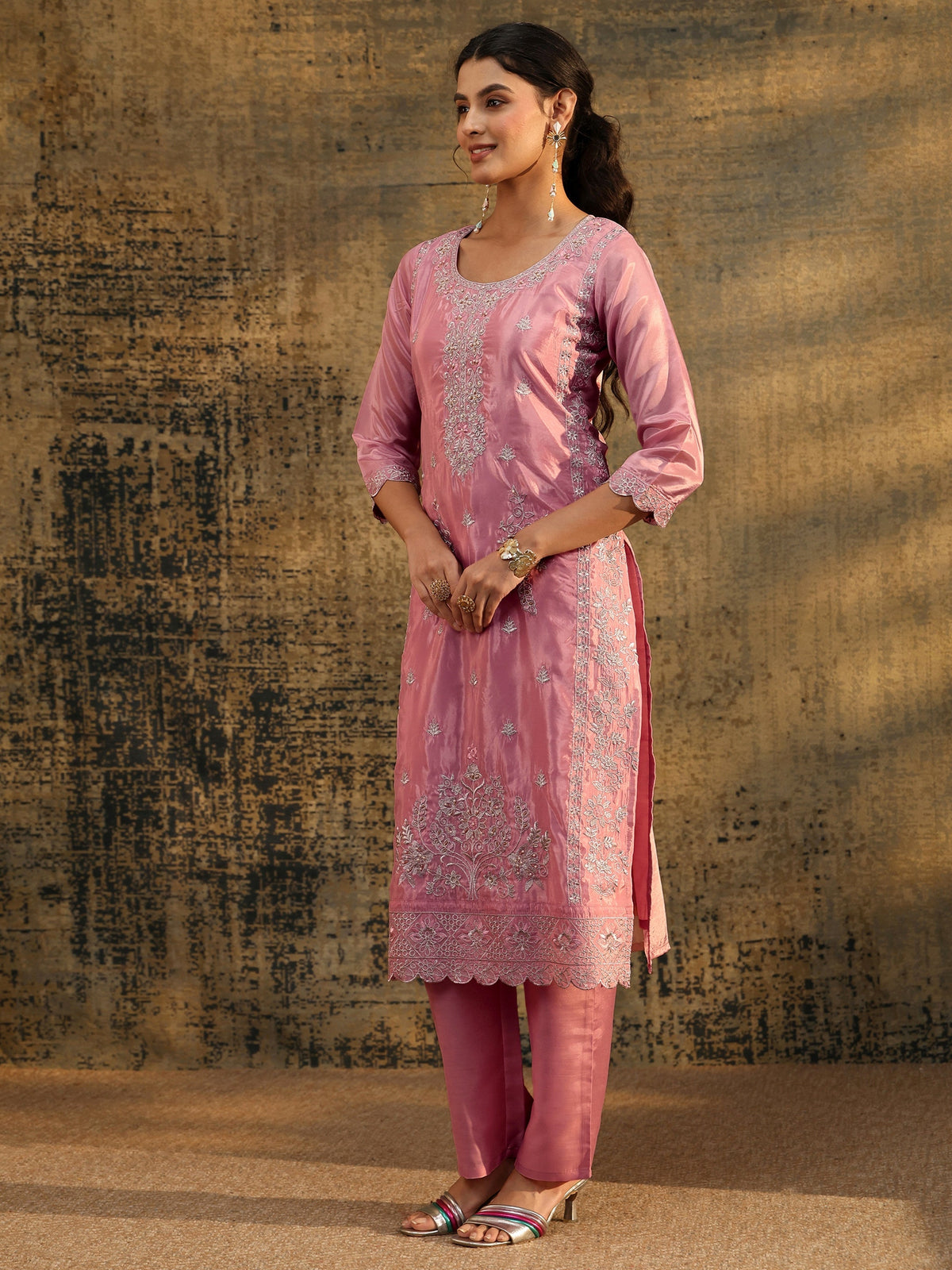 Anouk Dusty Rose Floral Embroidered Organza Straight Suit Set