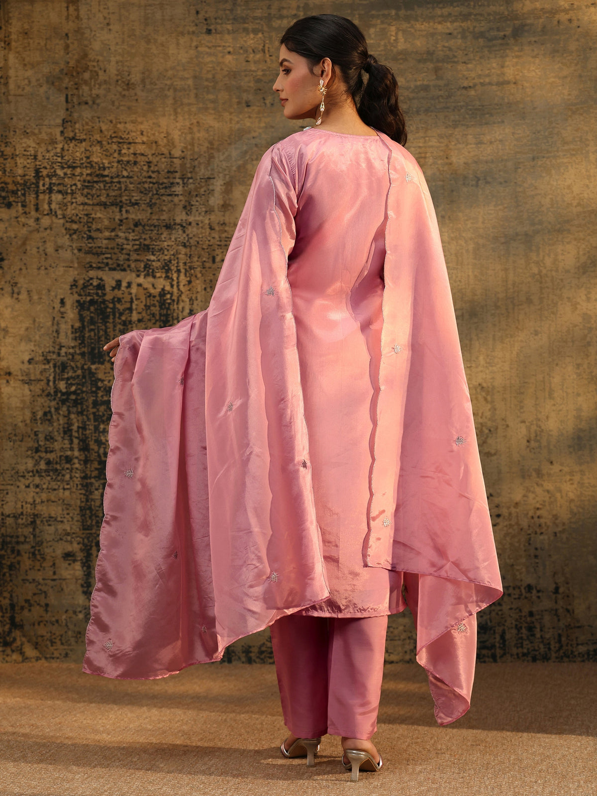 Anouk Dusty Rose Floral Embroidered Organza Straight Suit Set