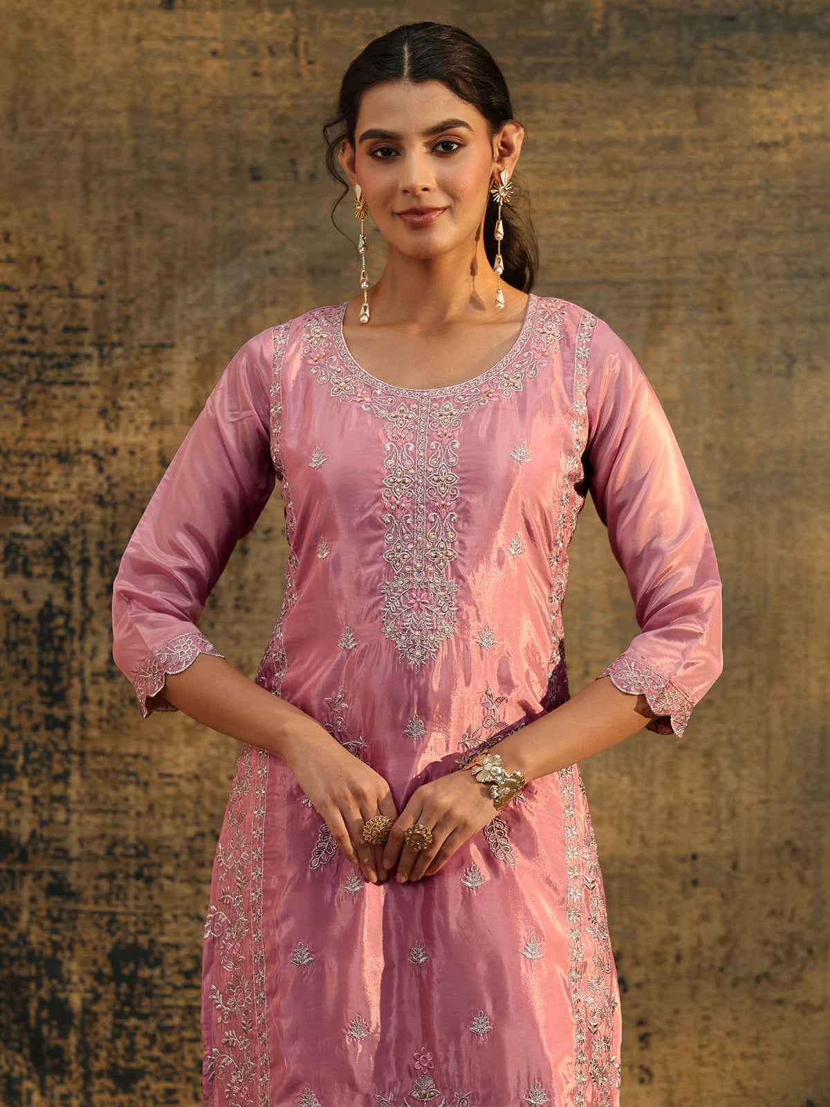 Anouk Dusty Rose Floral Embroidered Organza Straight Suit Set