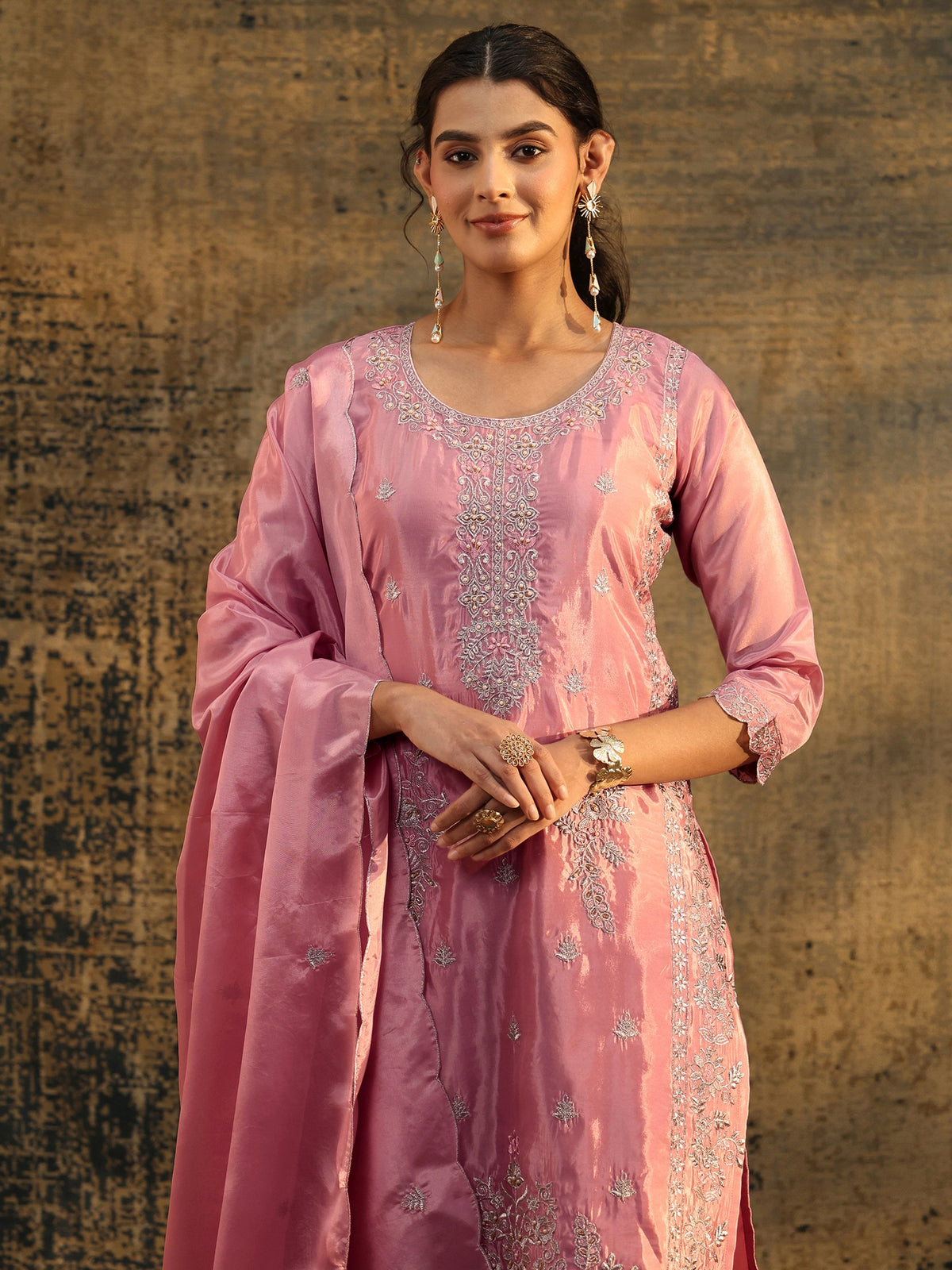 Anouk Dusty Rose Floral Embroidered Organza Straight Suit Set