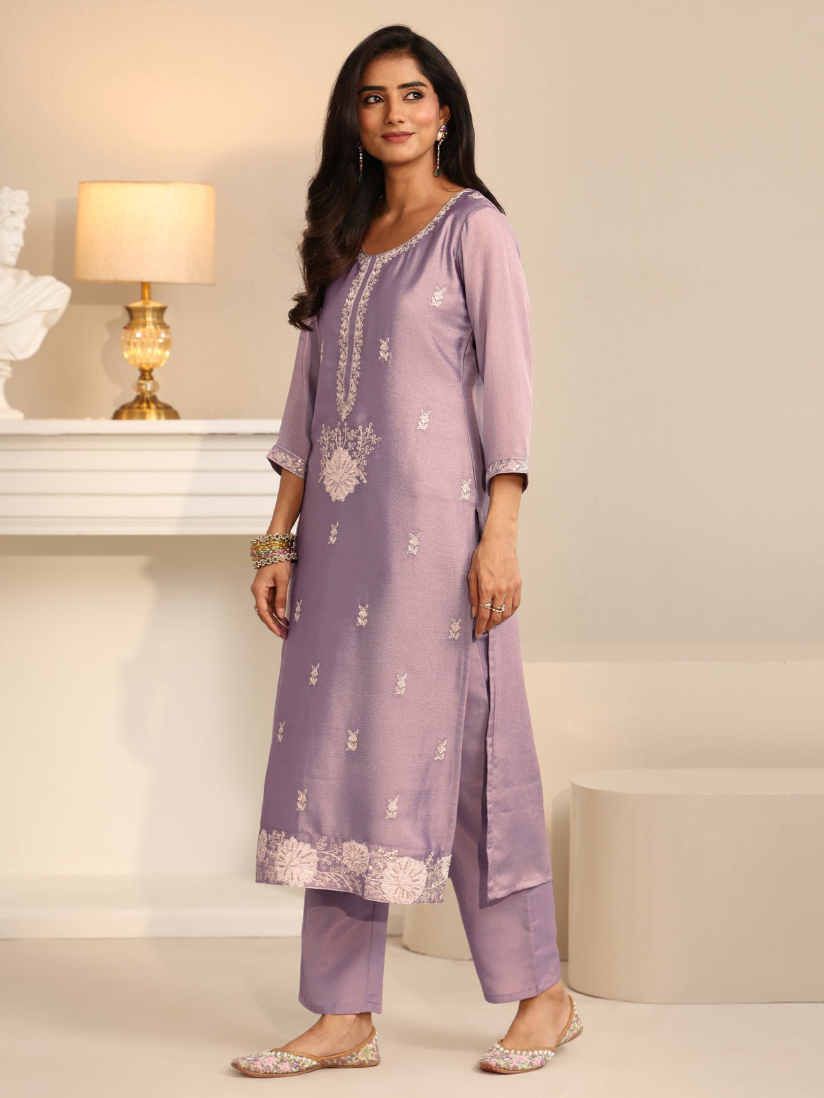 Anouk Lavender Floral Embroidered Silk Blend Straight Suit Set