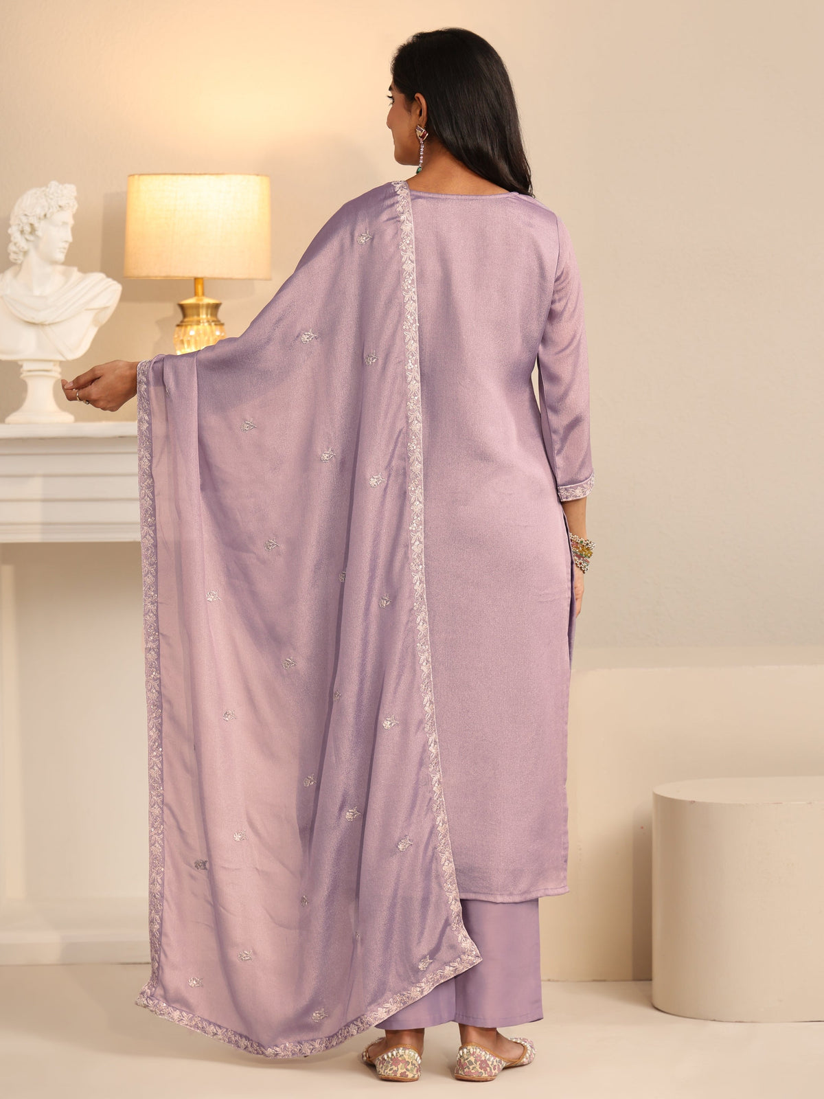 Anouk Lavender Floral Embroidered Silk Blend Straight Suit Set