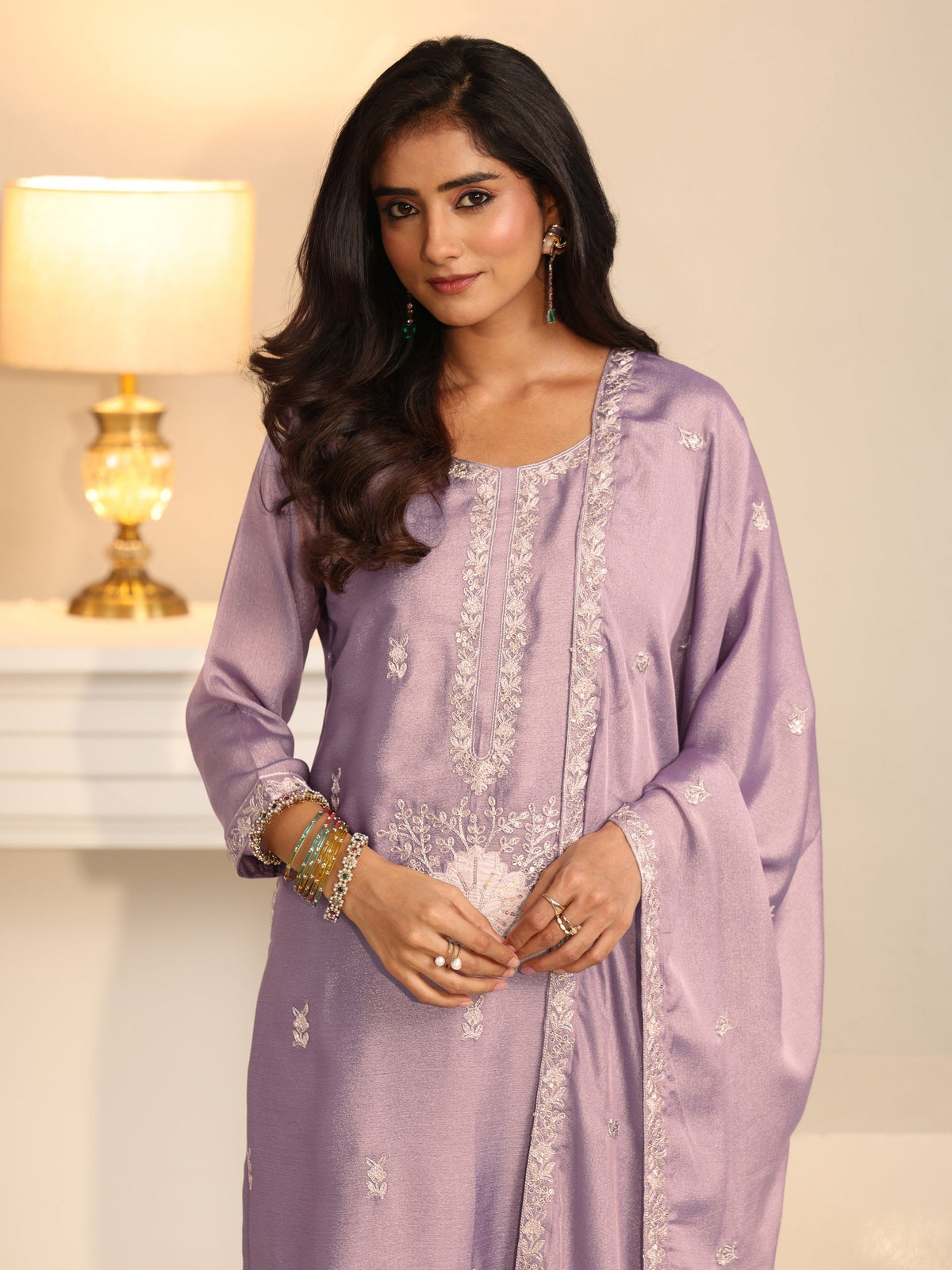 Anouk Lavender Floral Embroidered Silk Blend Straight Suit Set