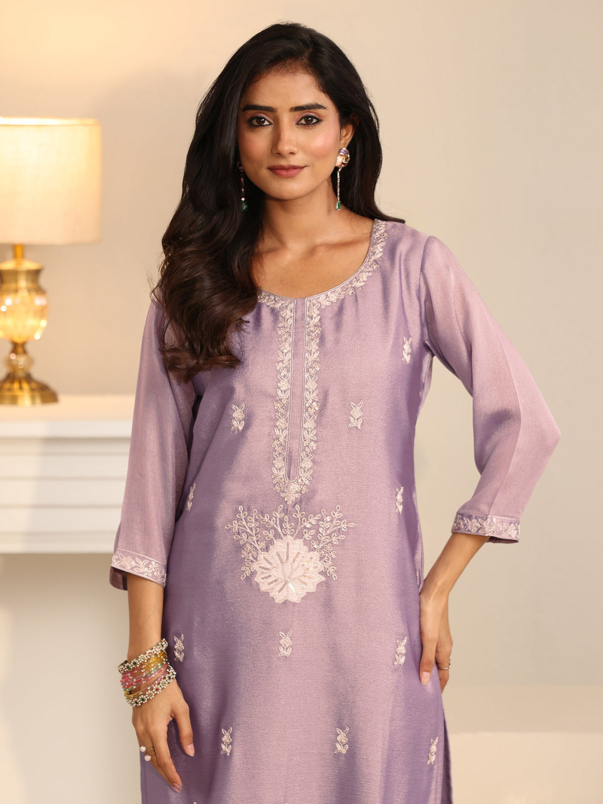 Anouk Lavender Floral Embroidered Silk Blend Straight Suit Set