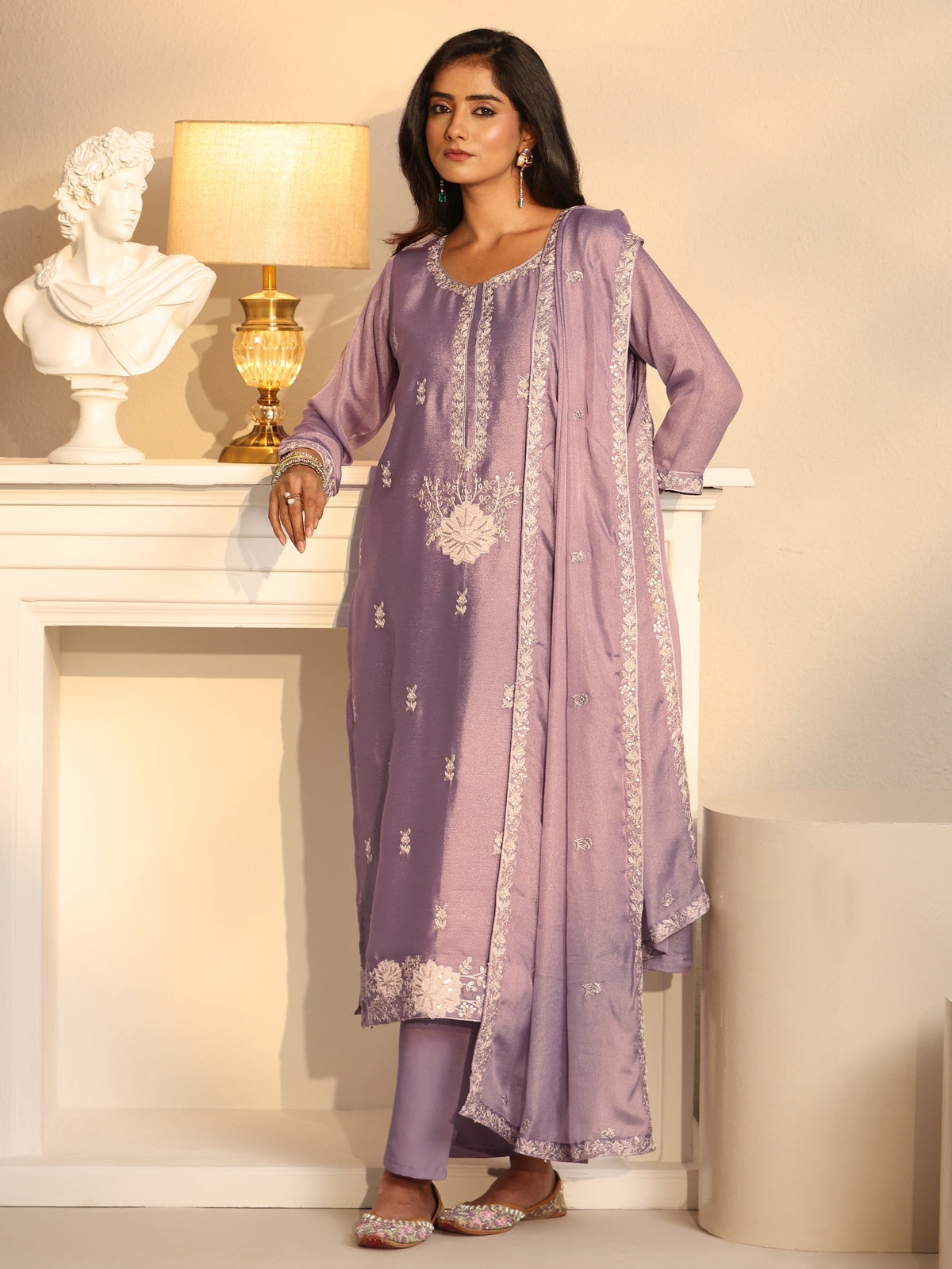 Anouk Lavender Floral Embroidered Silk Blend Straight Suit Set