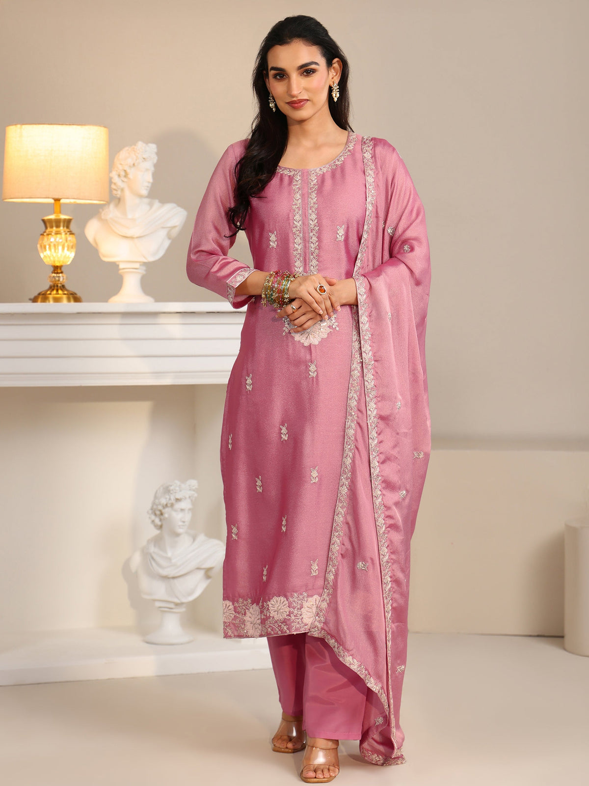Anouk Dusty Rose Pink Floral Embroidered Silk Blend Straight Suit Set