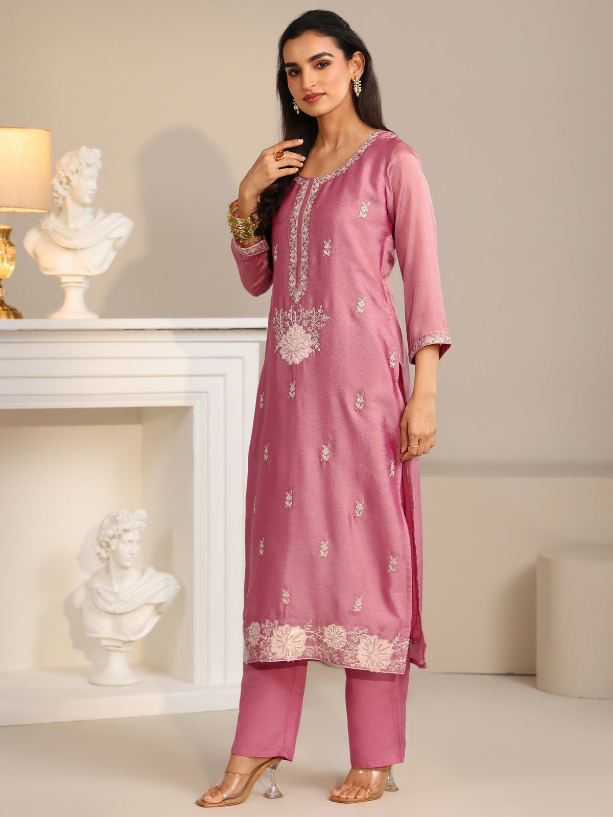 Anouk Dusty Rose Pink Floral Embroidered Silk Blend Straight Suit Set