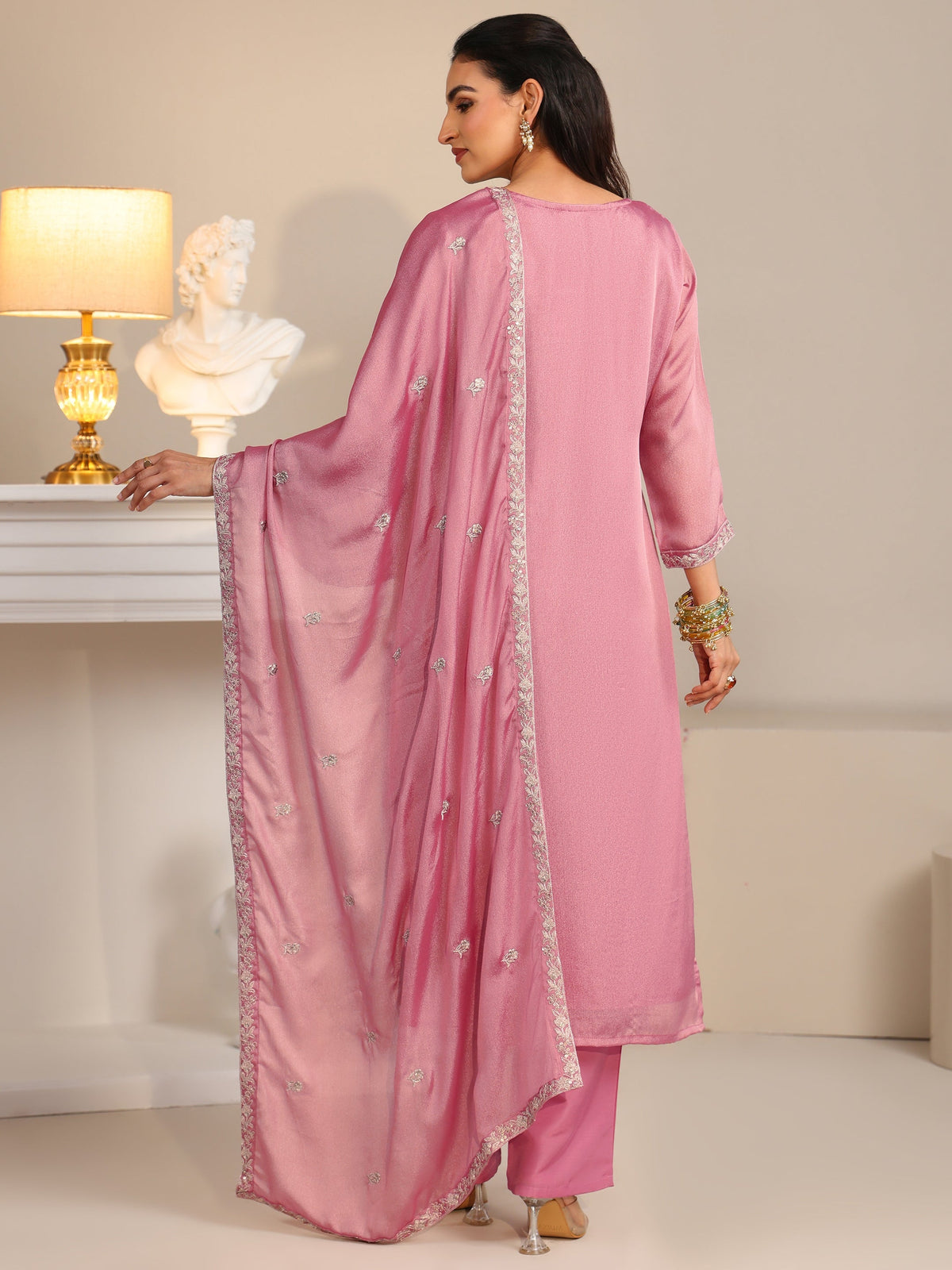 Anouk Dusty Rose Pink Floral Embroidered Silk Blend Straight Suit Set
