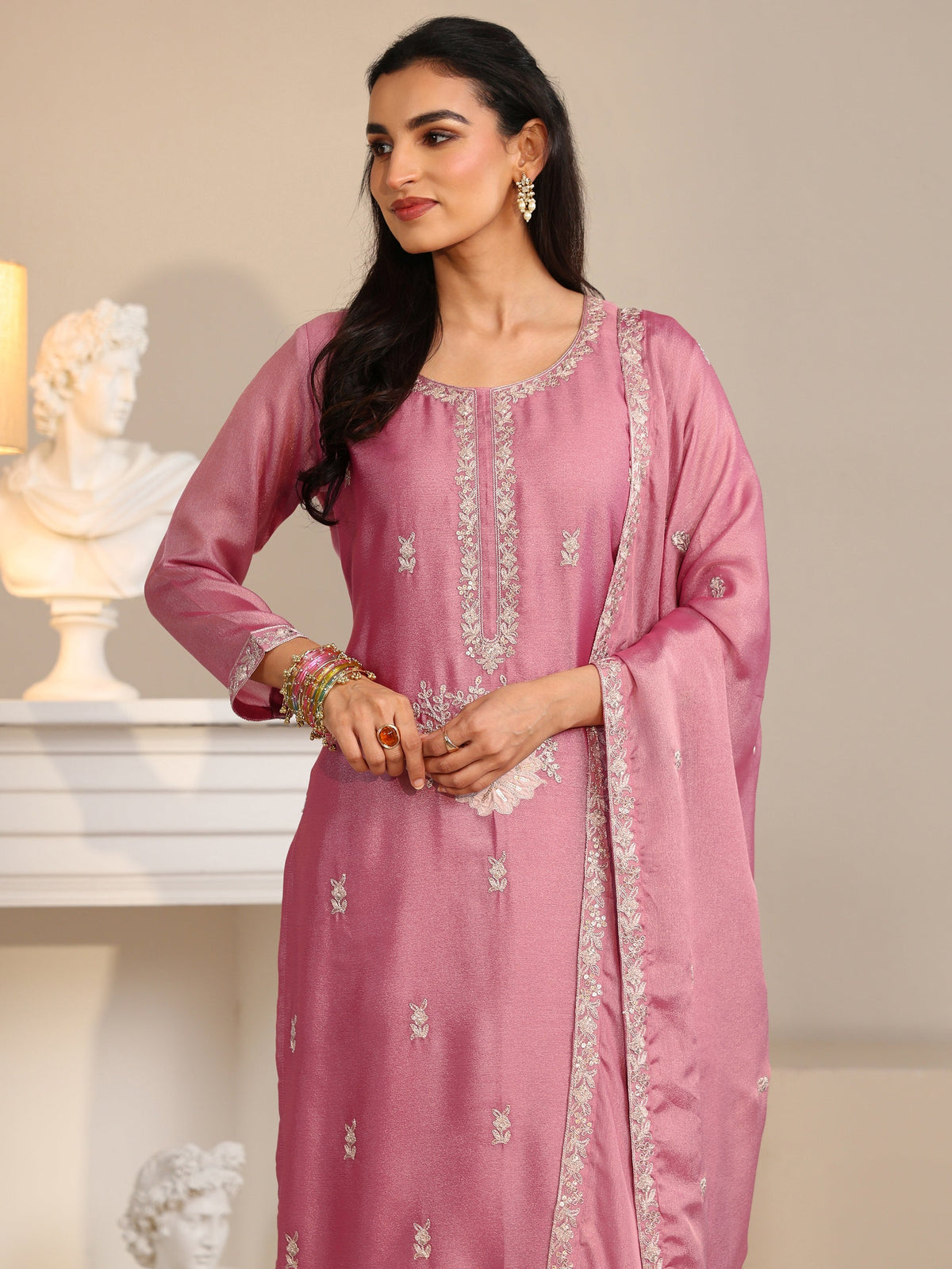 Anouk Dusty Rose Pink Floral Embroidered Silk Blend Straight Suit Set
