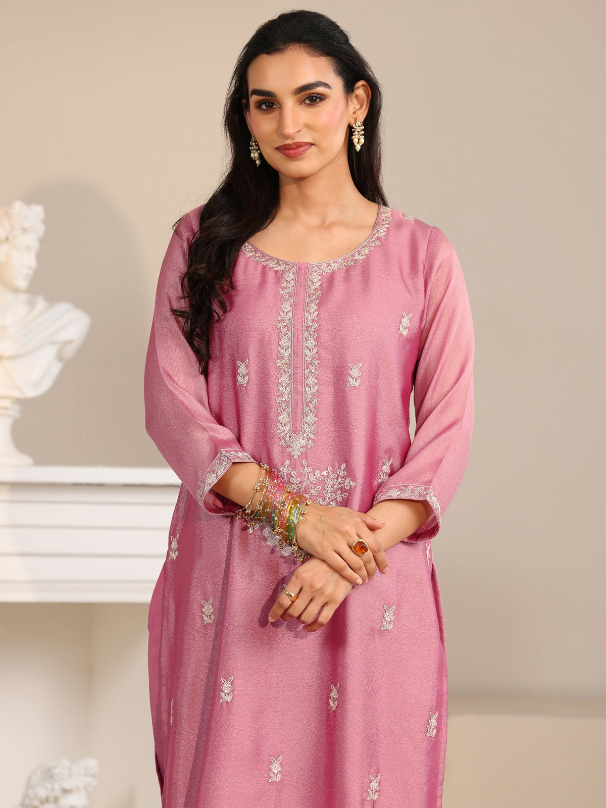Anouk Dusty Rose Pink Floral Embroidered Silk Blend Straight Suit Set