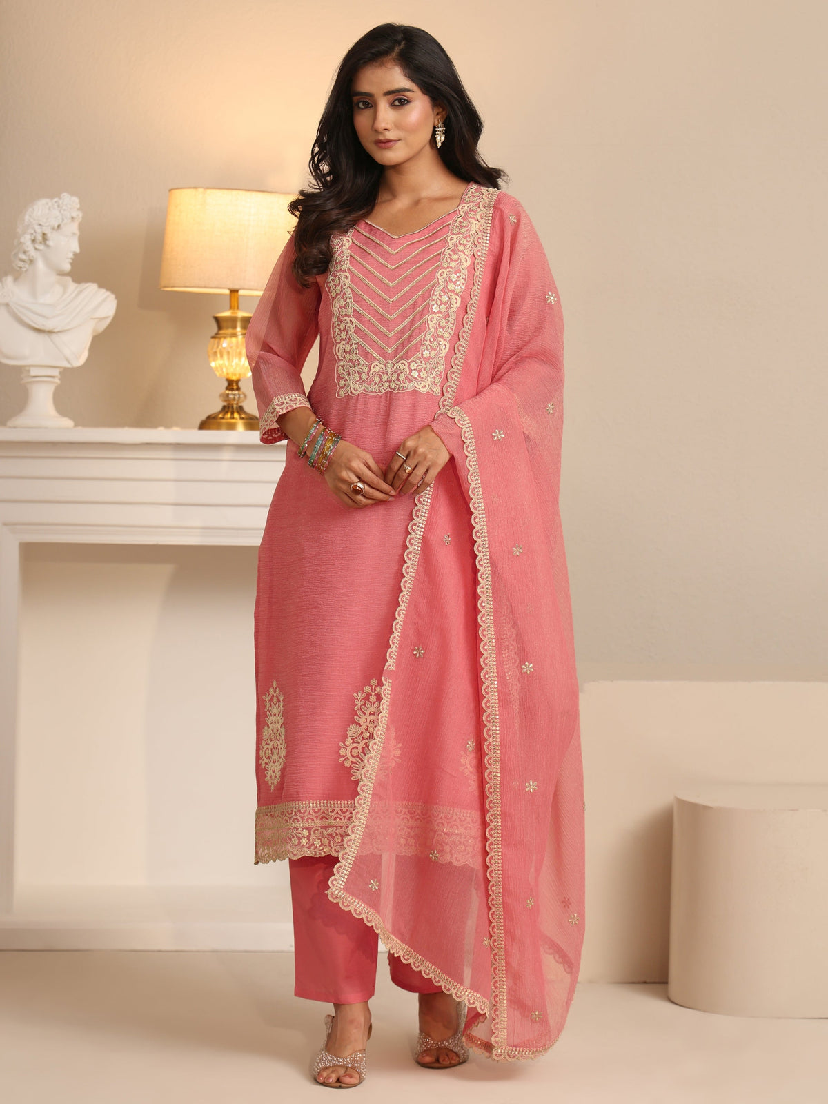 Anouk Peach Orange Floral Embroidered Chiffon Straight Suit Set