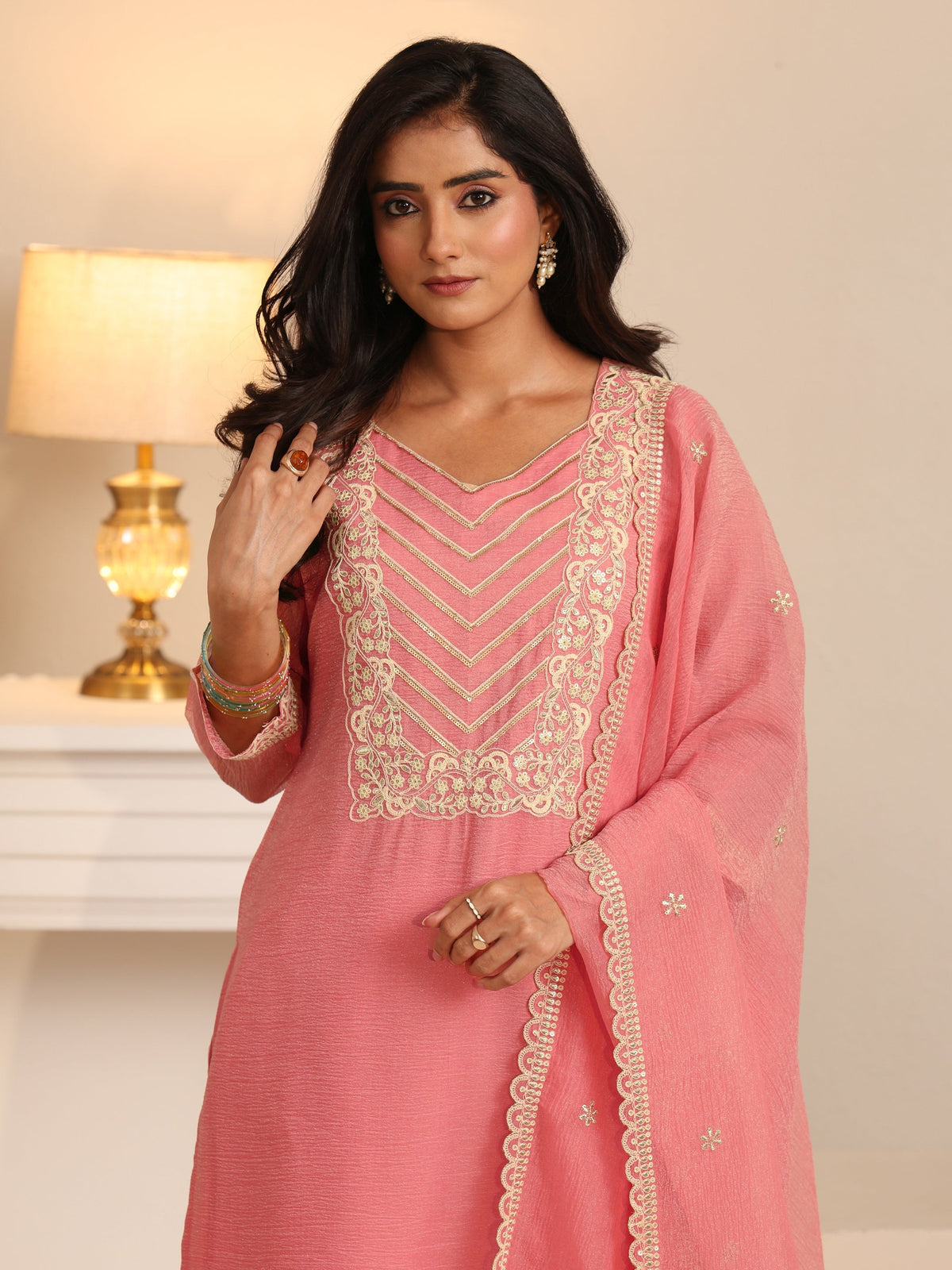 Anouk Peach Orange Floral Embroidered Chiffon Straight Suit Set