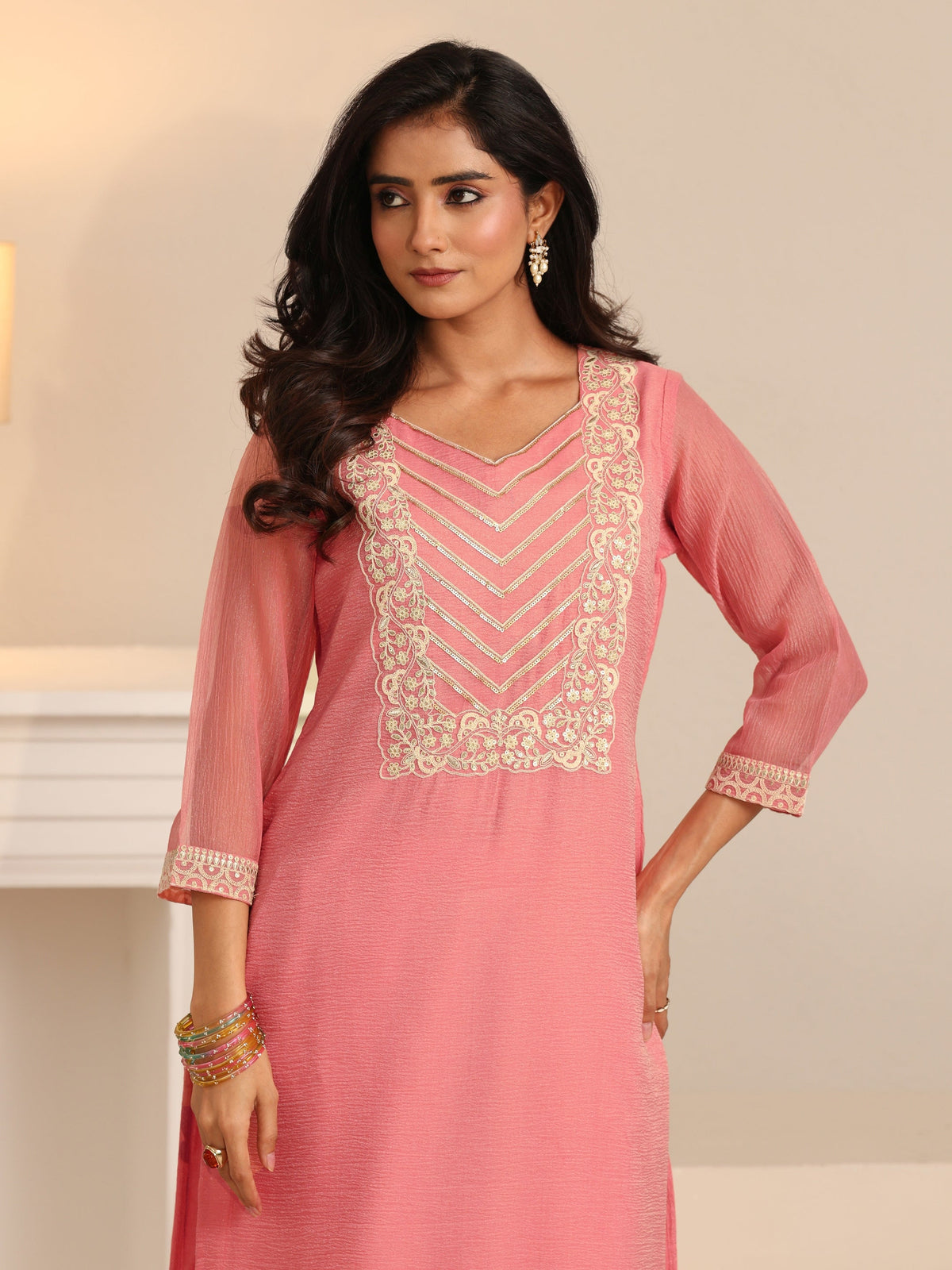 Anouk Peach Orange Floral Embroidered Chiffon Straight Suit Set