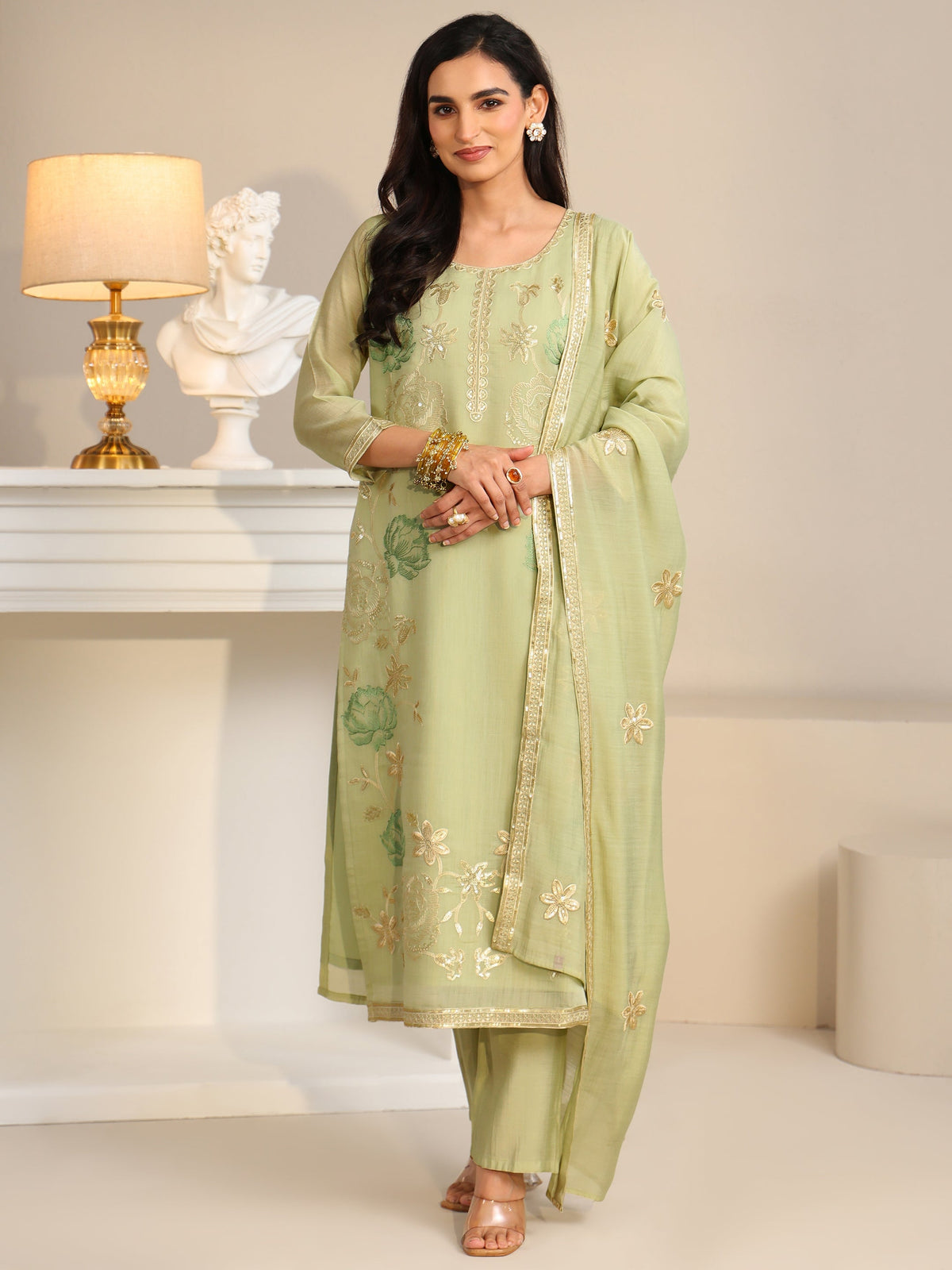 Anouk Pista Green Floral Embroidered Silk Blend Straight Suit Set