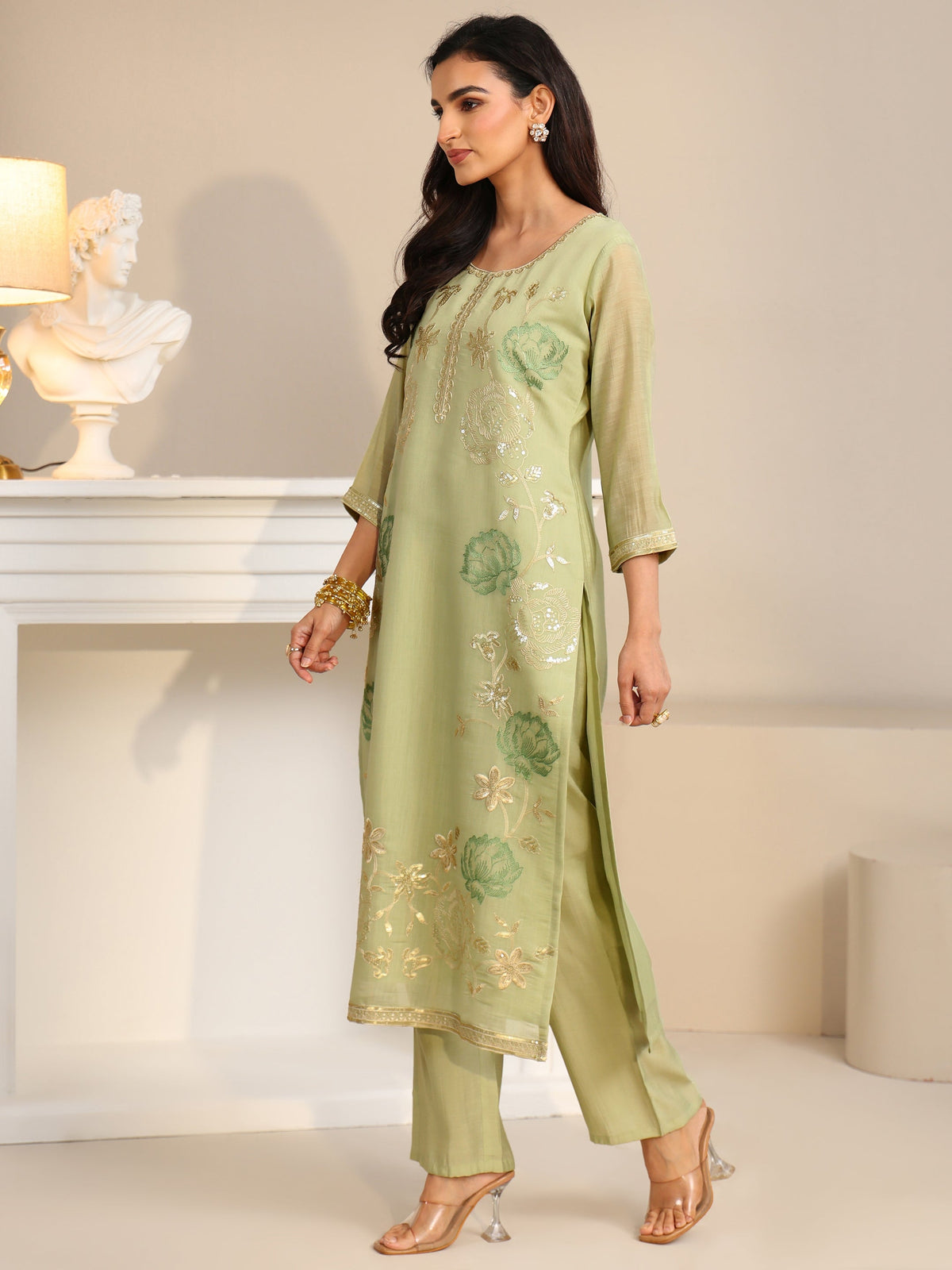 Anouk Pista Green Floral Embroidered Silk Blend Straight Suit Set