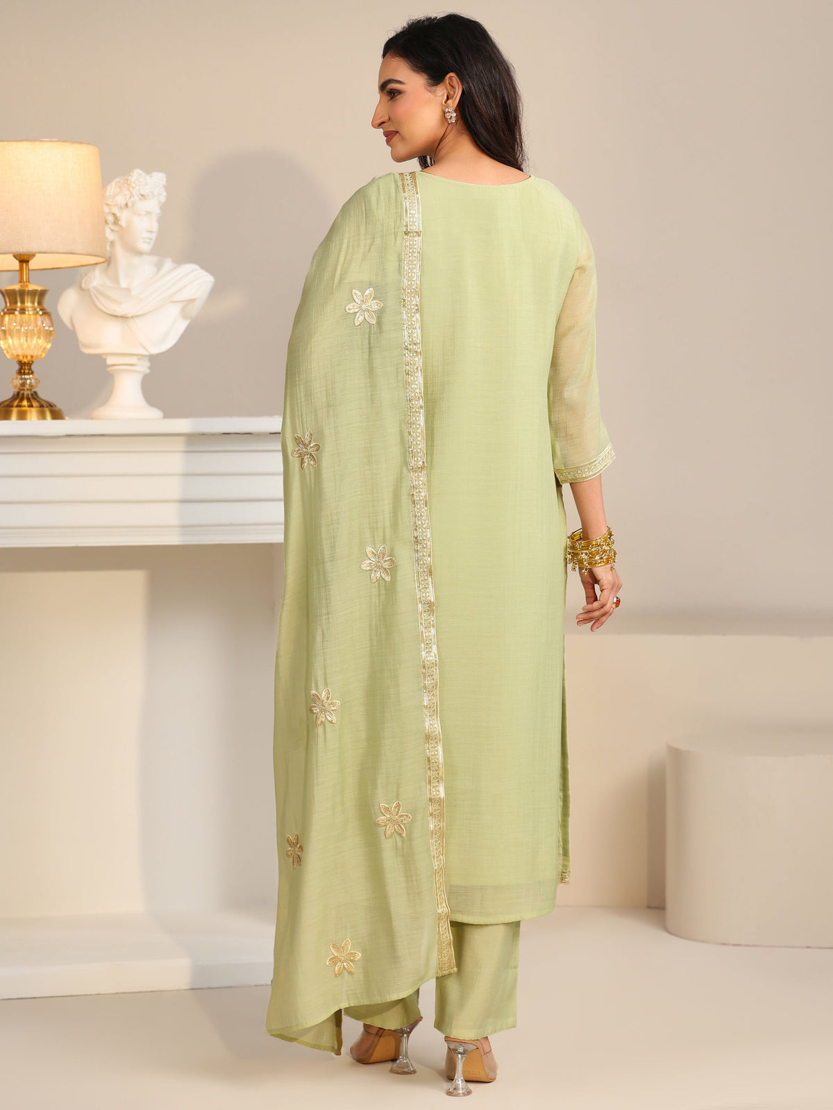 Anouk Pista Green Floral Embroidered Silk Blend Straight Suit Set